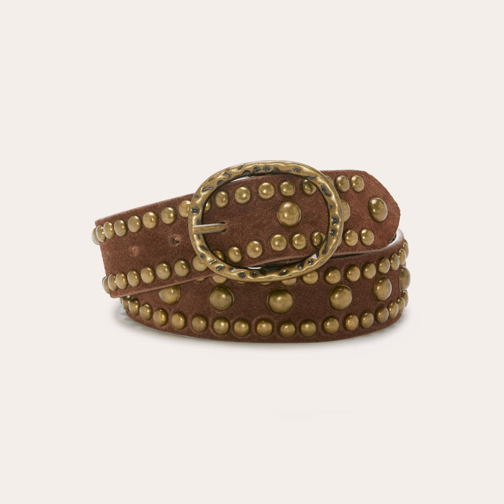 Milor Studded Leather Belt Taupe Gold Hexagon Buckle Y2K Boho Western M/L Boho Studded Faux Leather Belt, Bohemian Gold Belt, Western  main image 2