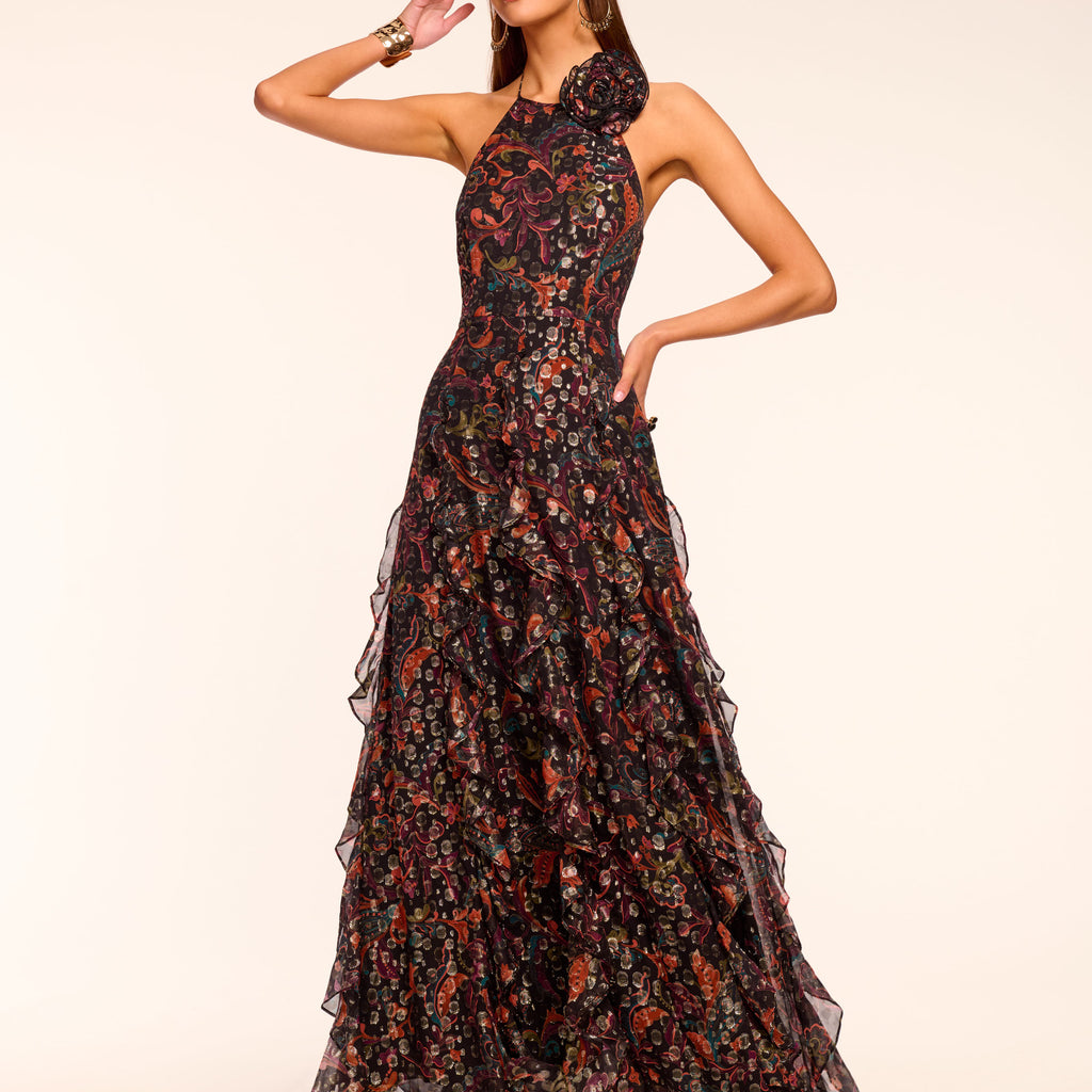 Idella Ruffle Halter Gown in black floral Ramy Brook