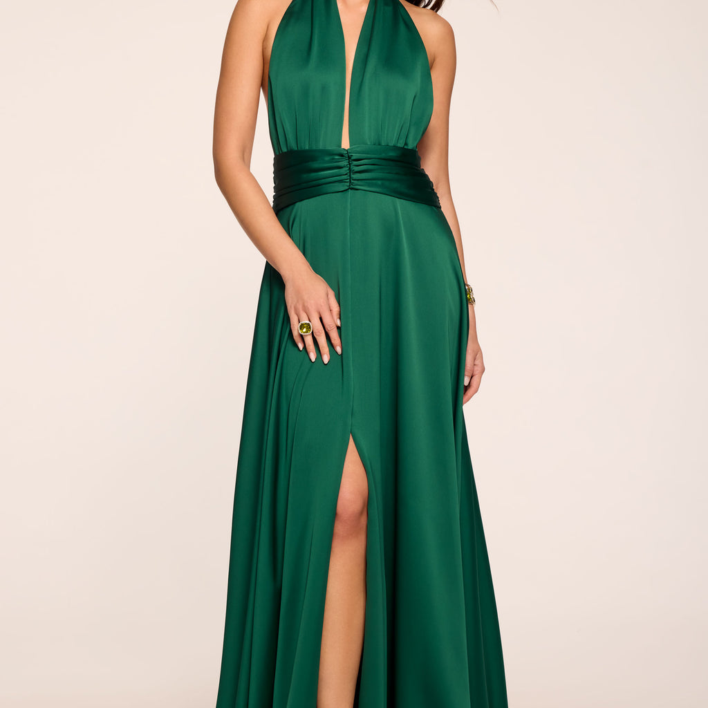 dark emerald green dresses Jasmine Plunging Halter Gown in deep Outfit