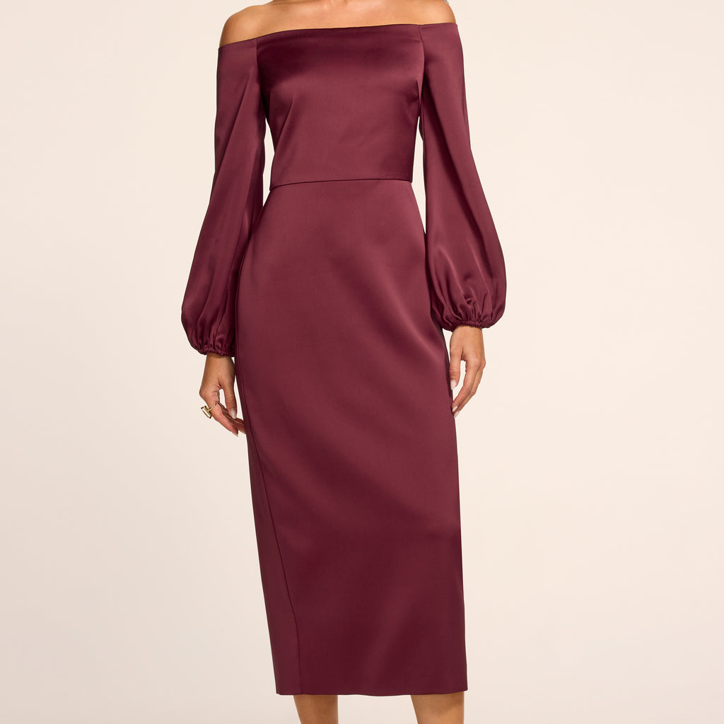 Ramy Brook Shiyan Off-the-shoulder Midi Dress | Cranberry in Cranberry