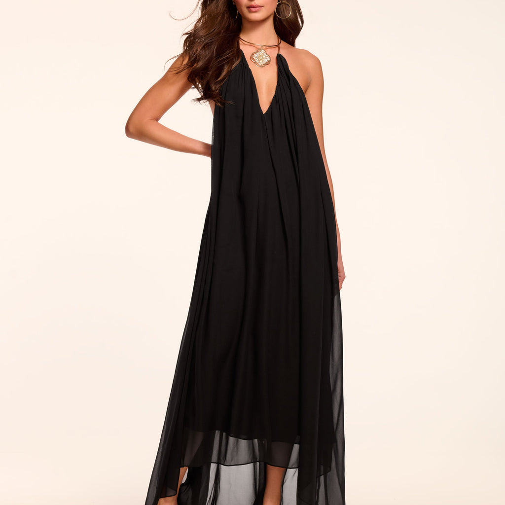 daniel rainn samantha v neck maxi dress Chiffon V-Neck Halter Gown A leggy side slit Size:3XL / US 16 Ruffles What Goes Under a