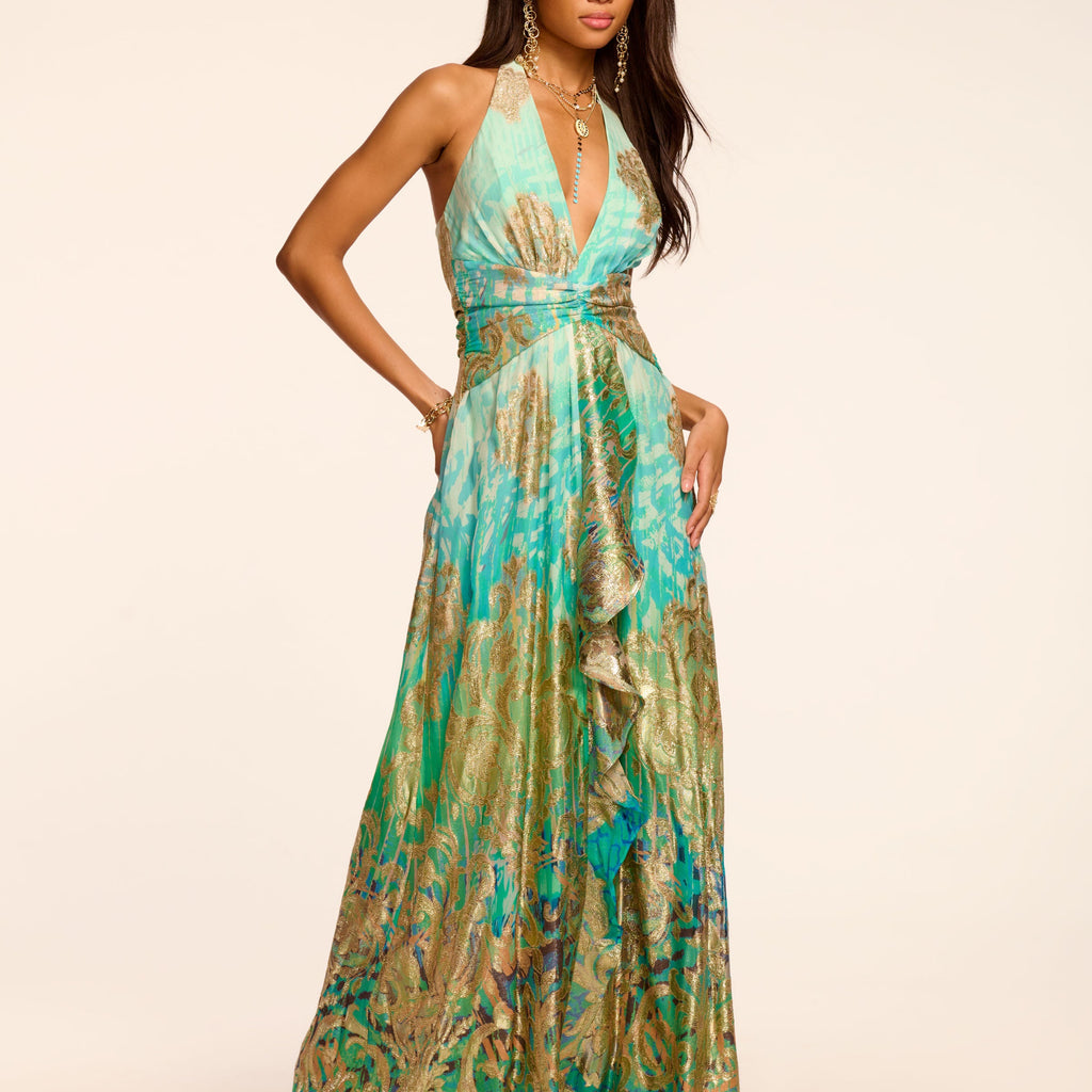 Stephanie Jacquard Plunging Halter Gown in lime ombre | Ramy Brook Stephanie Jacquard Plunging Halter Gown in lime ombre | Ramy Brook