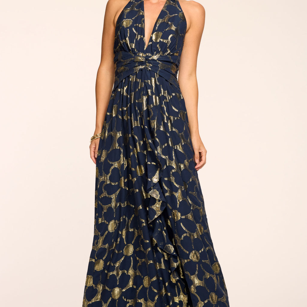 Stephanie Jacquard V-Neck Gown in navy jacquard | Ramy Brook Stephanie Jacquard V-Neck Gown in navy jacquard | Ramy Brook
