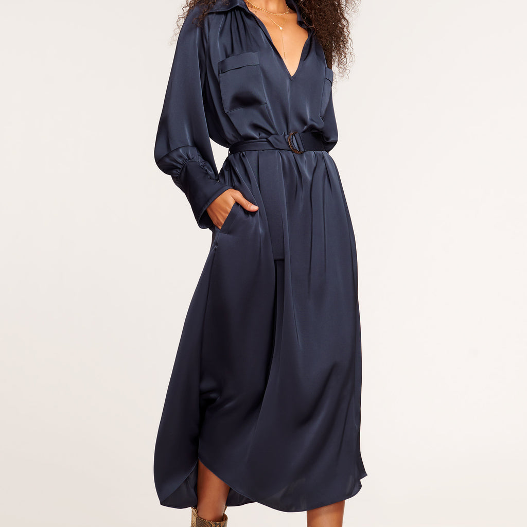 Ramy Brook Cecilia Belted Midi Dress in Navy