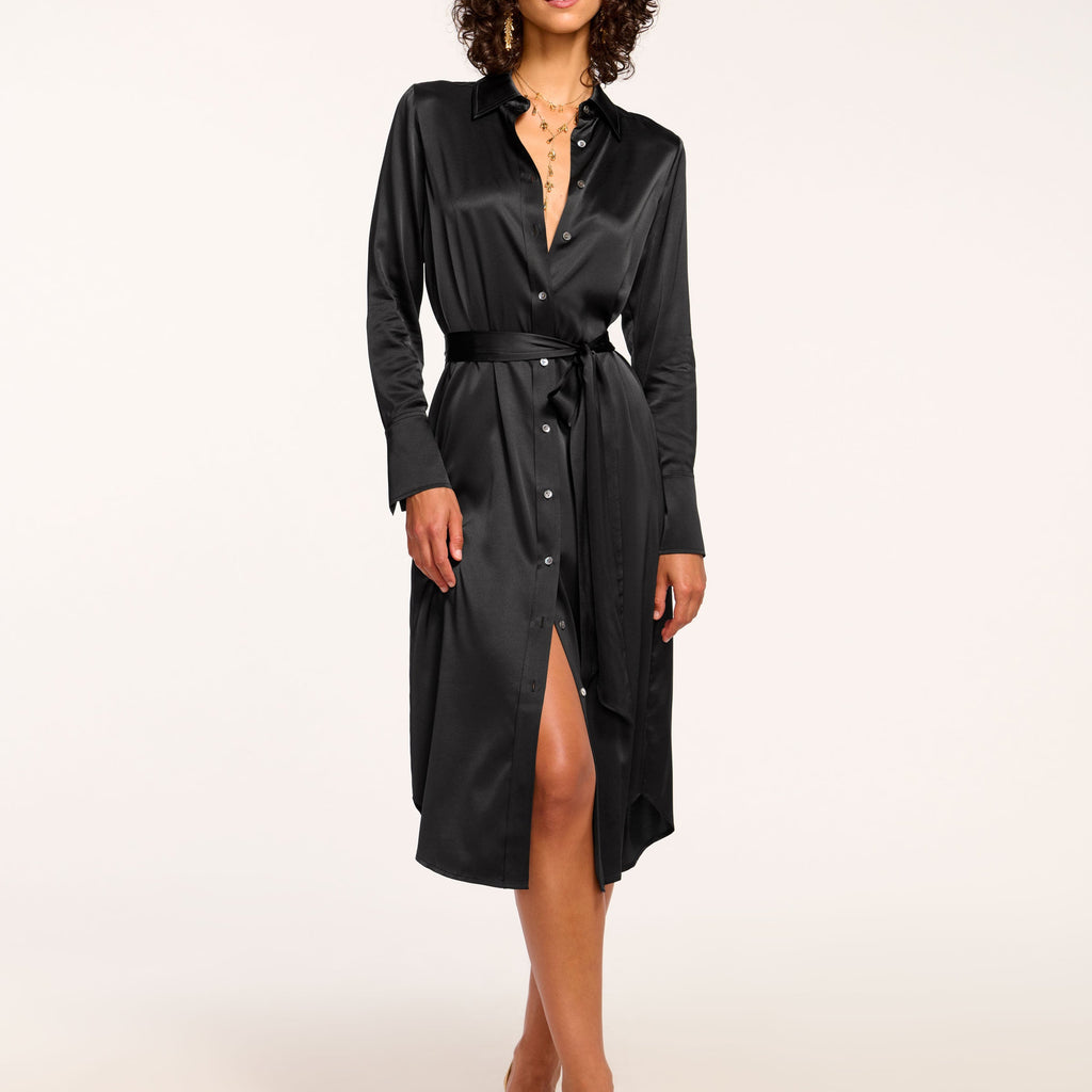 Ramy Brook Victoria Silk Button Down Midi Dress in Black