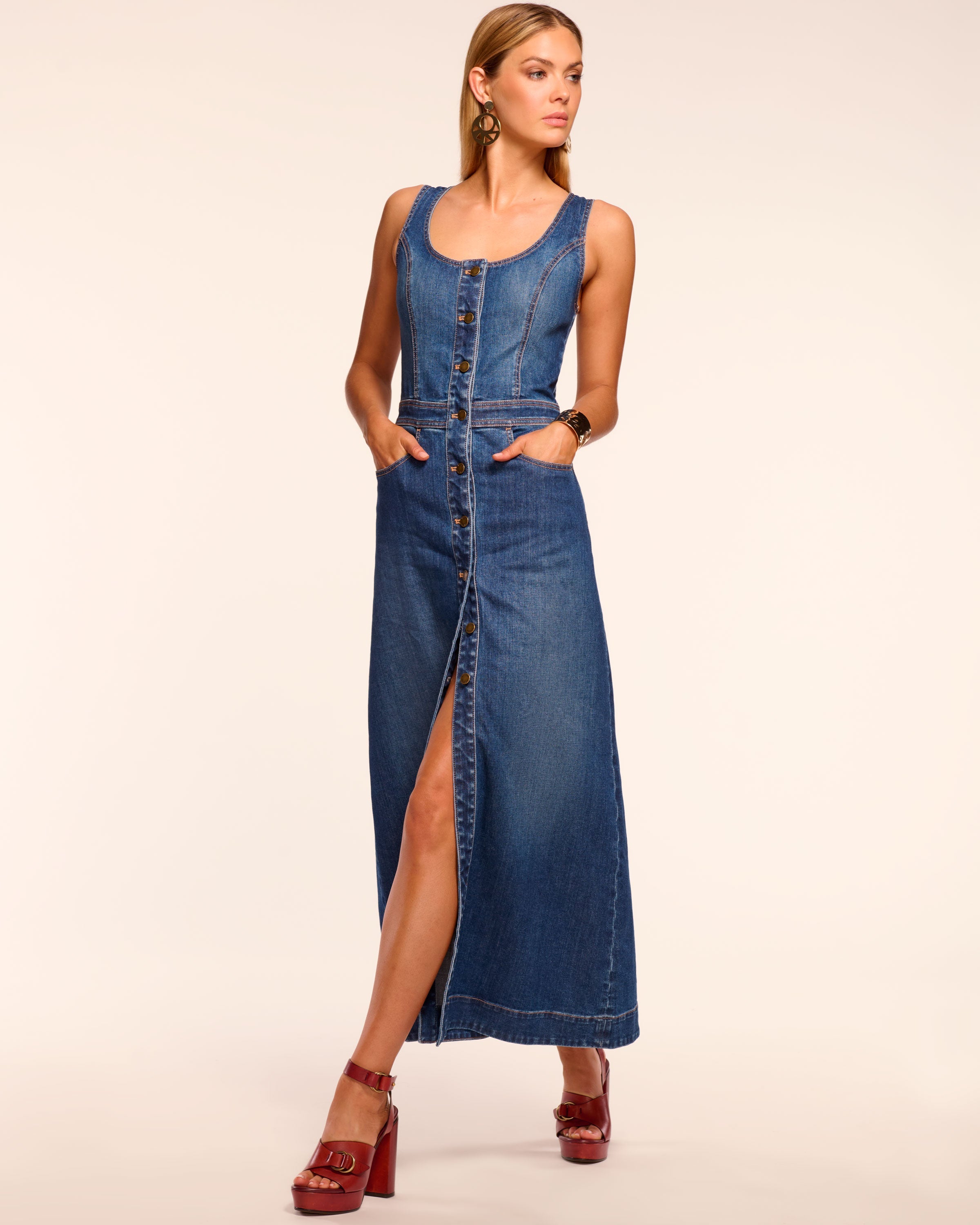 Madeleine Sleeveless Denim Maxi Dress in medium wash | Ramy Brook