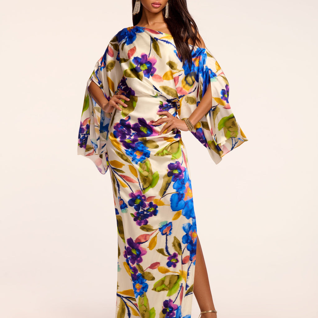 Noel Printed Silk Off-The-Shoulder Maxi Dress in ivory floral