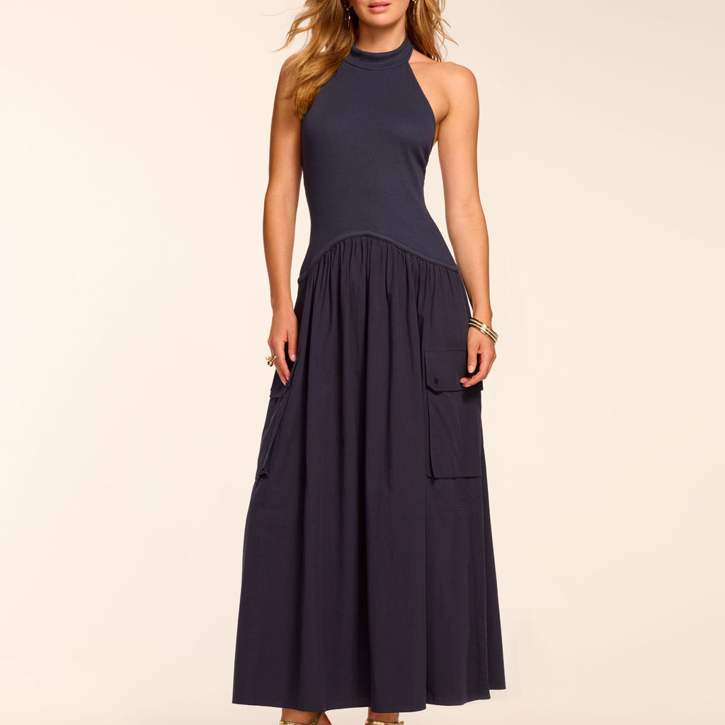 Simonne Cotton Knit Combo Halter Maxi Dress in navy | Ramy Brook Simonne Cotton Knit Combo Halter Maxi Dress in navy | Ramy Brook
