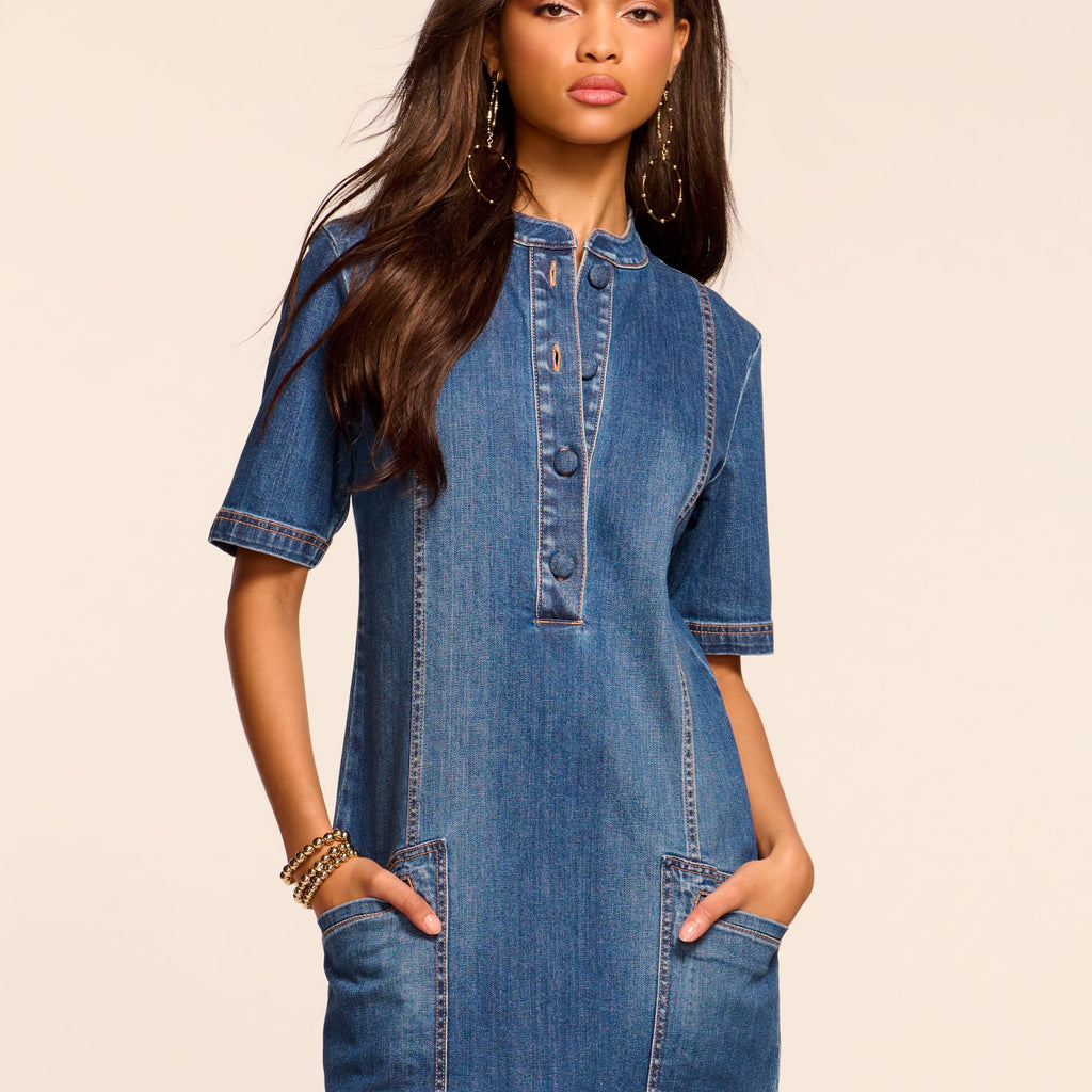 Skylar Short Sleeve Denim Mini Dress in medium wash | Ramy Brook Skylar Short Sleeve Denim Mini Dress in medium wash | Ramy Brook