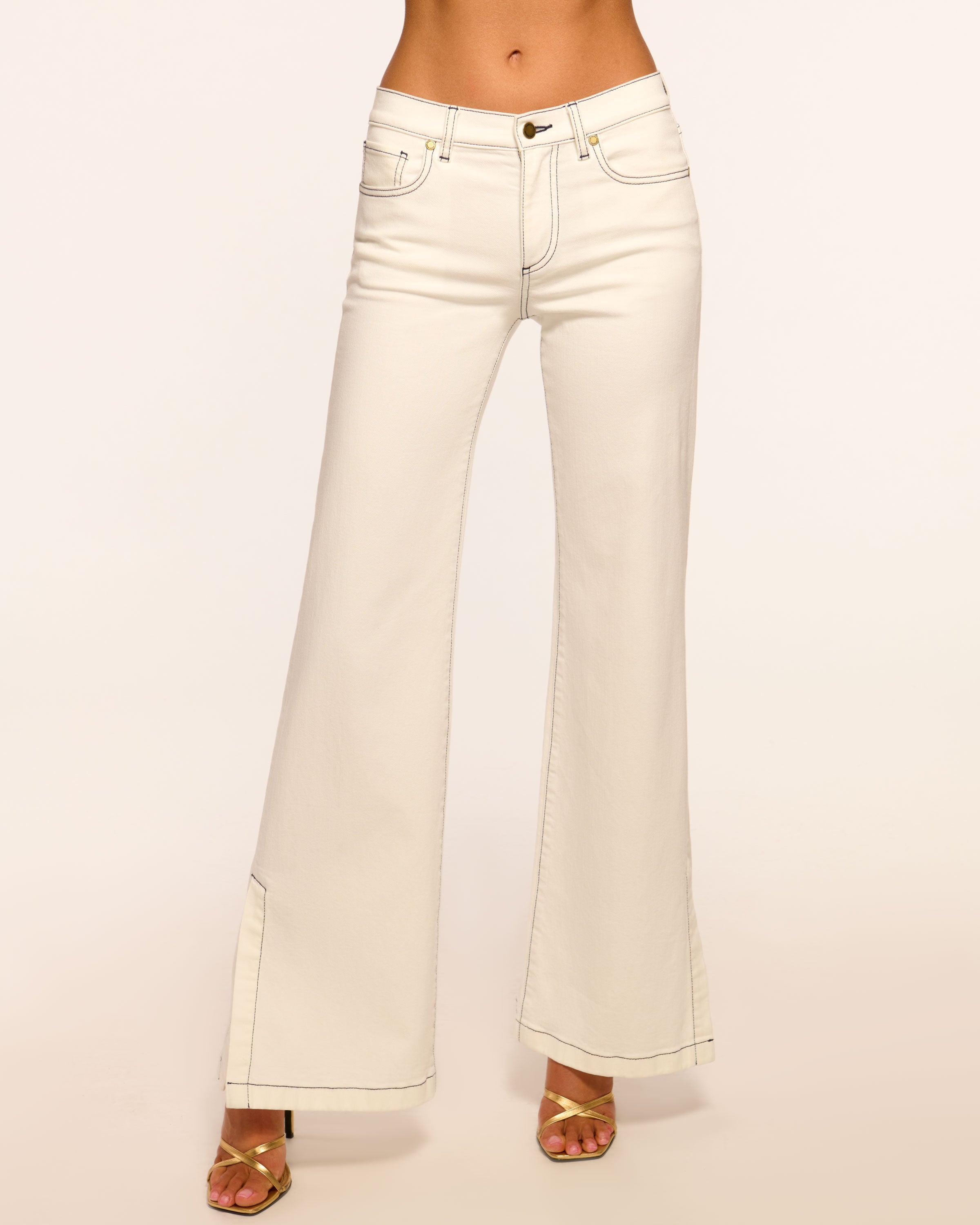 Tyra Contrast Mid-Rise Flare Jean in white stitched | Ramy Brook