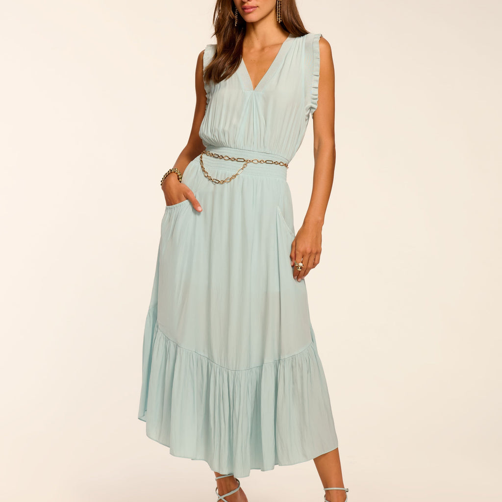 ramy brook kiara smocked mini dress Coco Smocked Sleeveless Midi Dress in moonstone blue