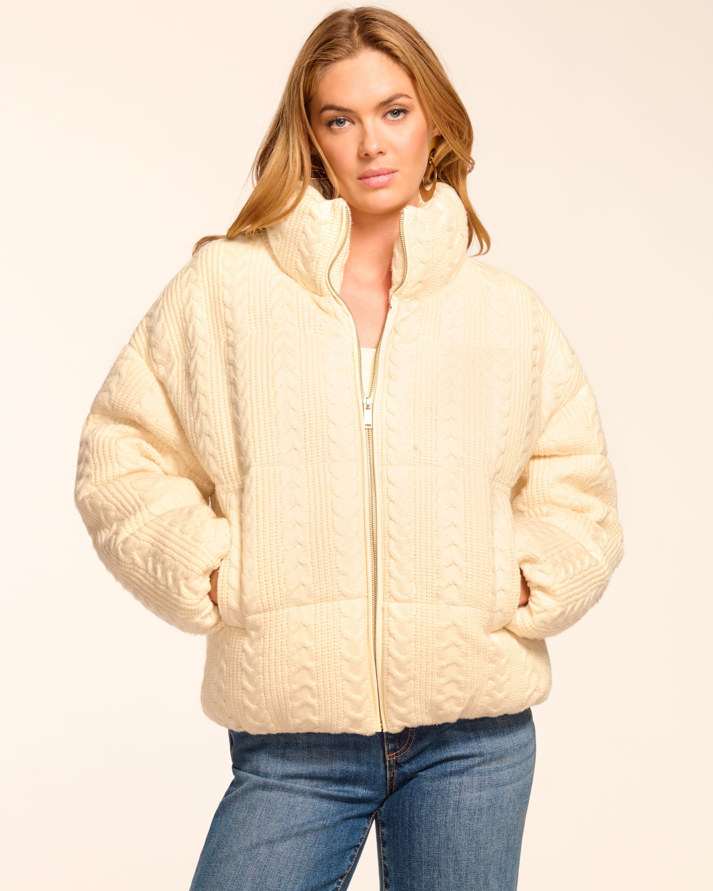 Eliana Cable Knit Puffer Coat in winter white | Ramy Brook