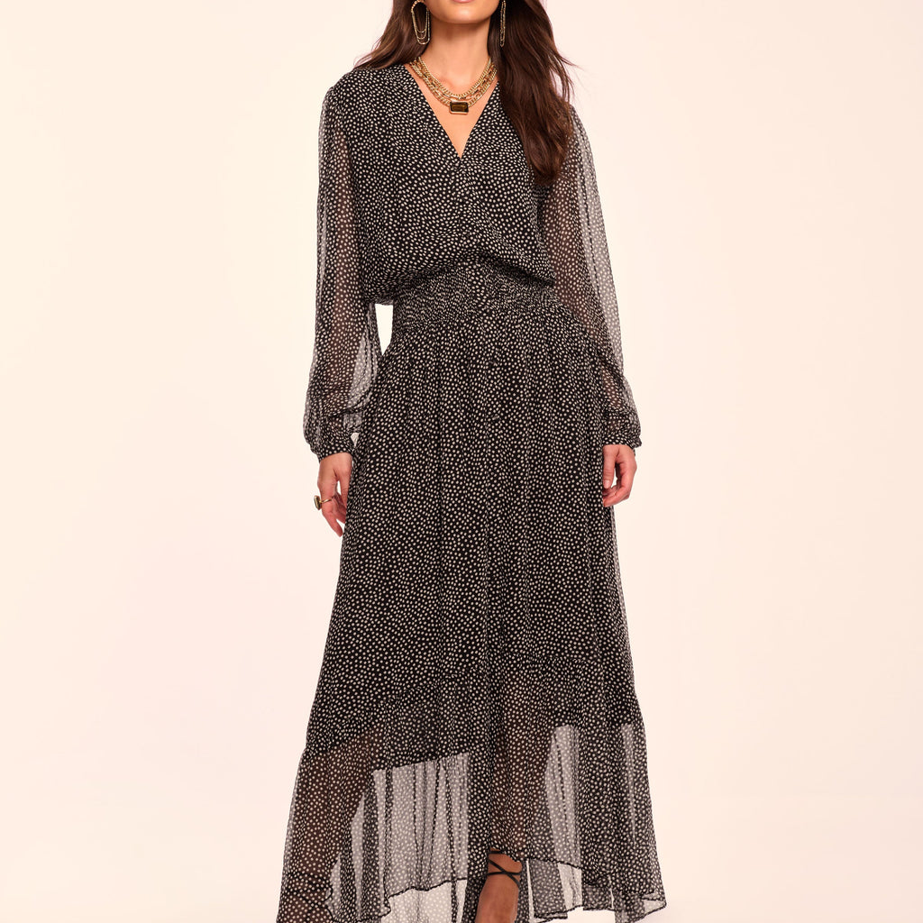 roots dockside long sleeve dress Dorothee Silk Long Sleeve Smocked Maxi Dress in black dot
