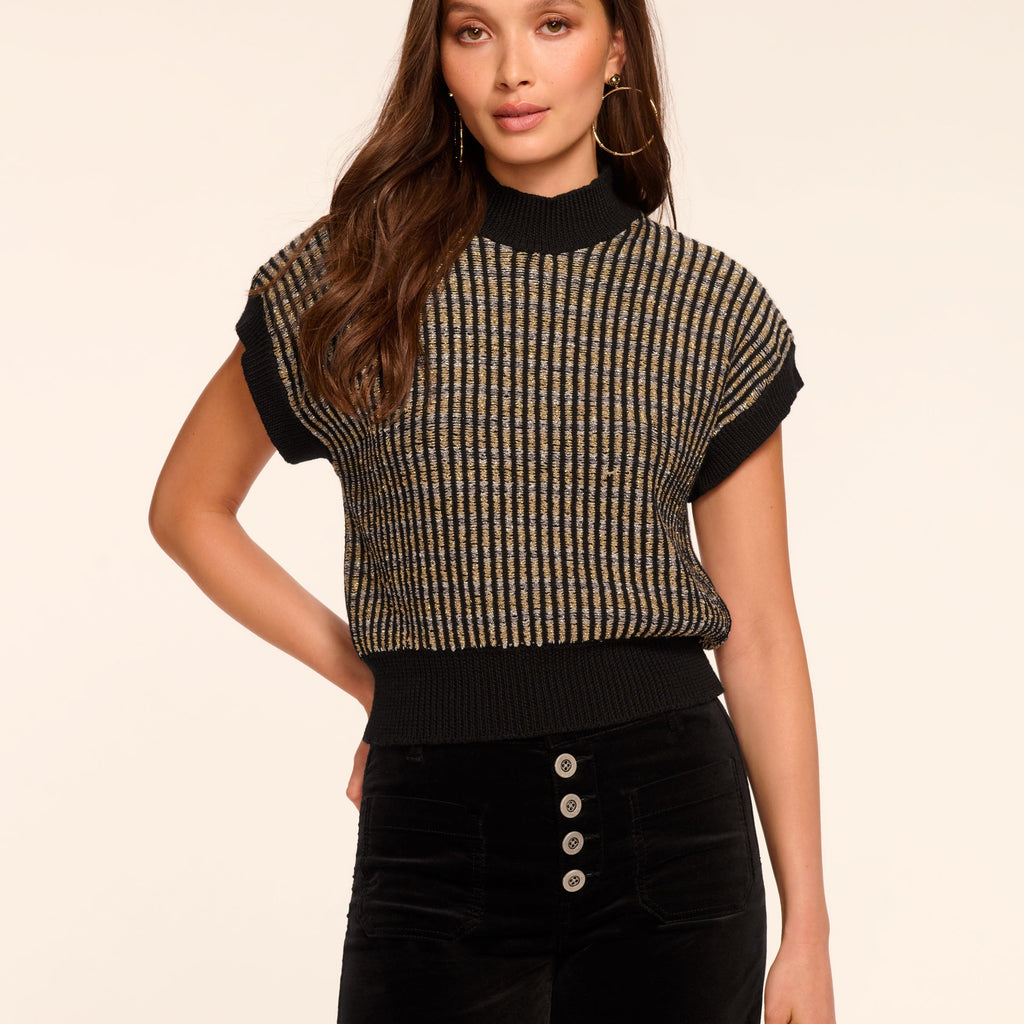 Hannah Wool Blend Metallic Short Sleeve Sweater in black knit