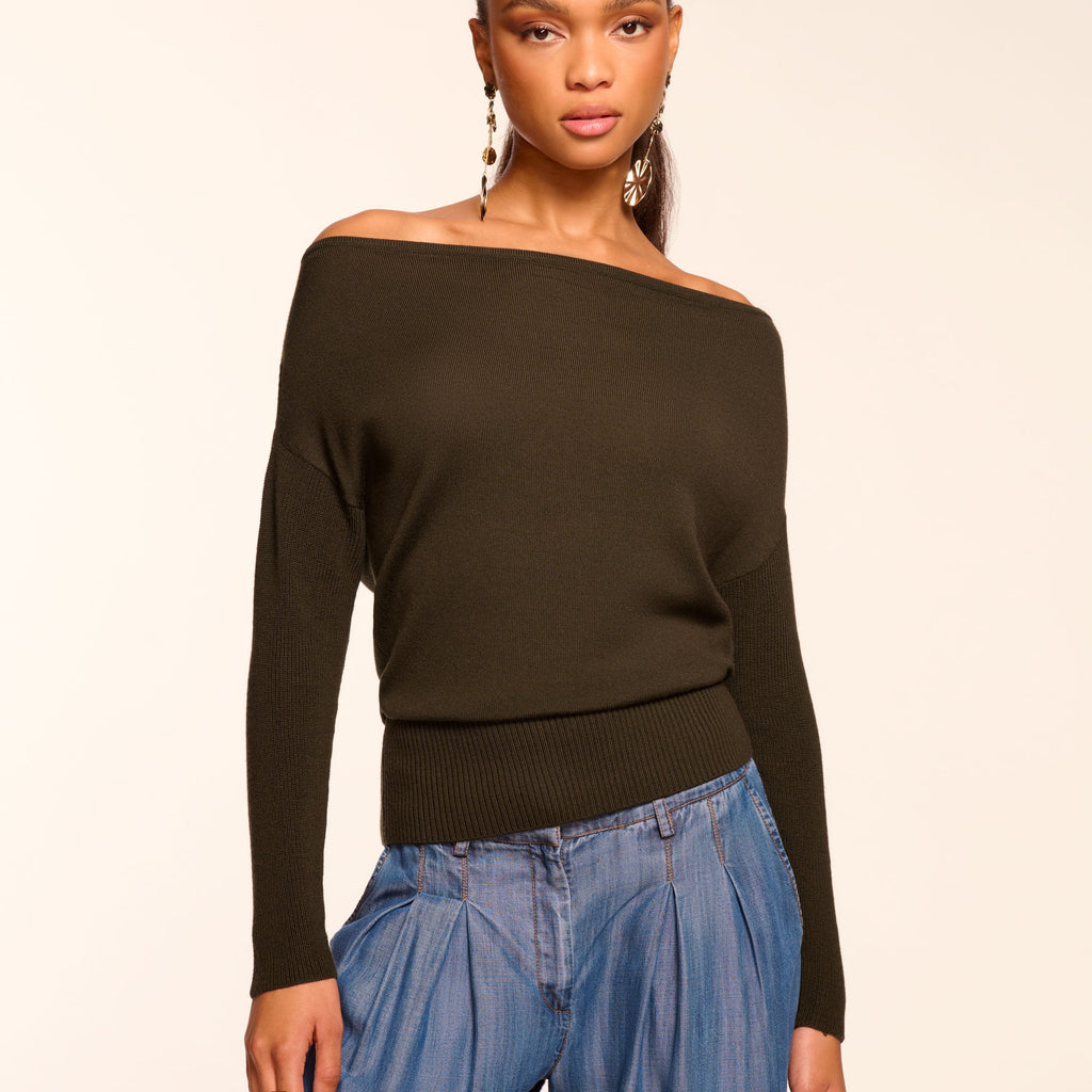 Chance Merino Off-The-Shoulder Sweater in deep olive Ramy Brook