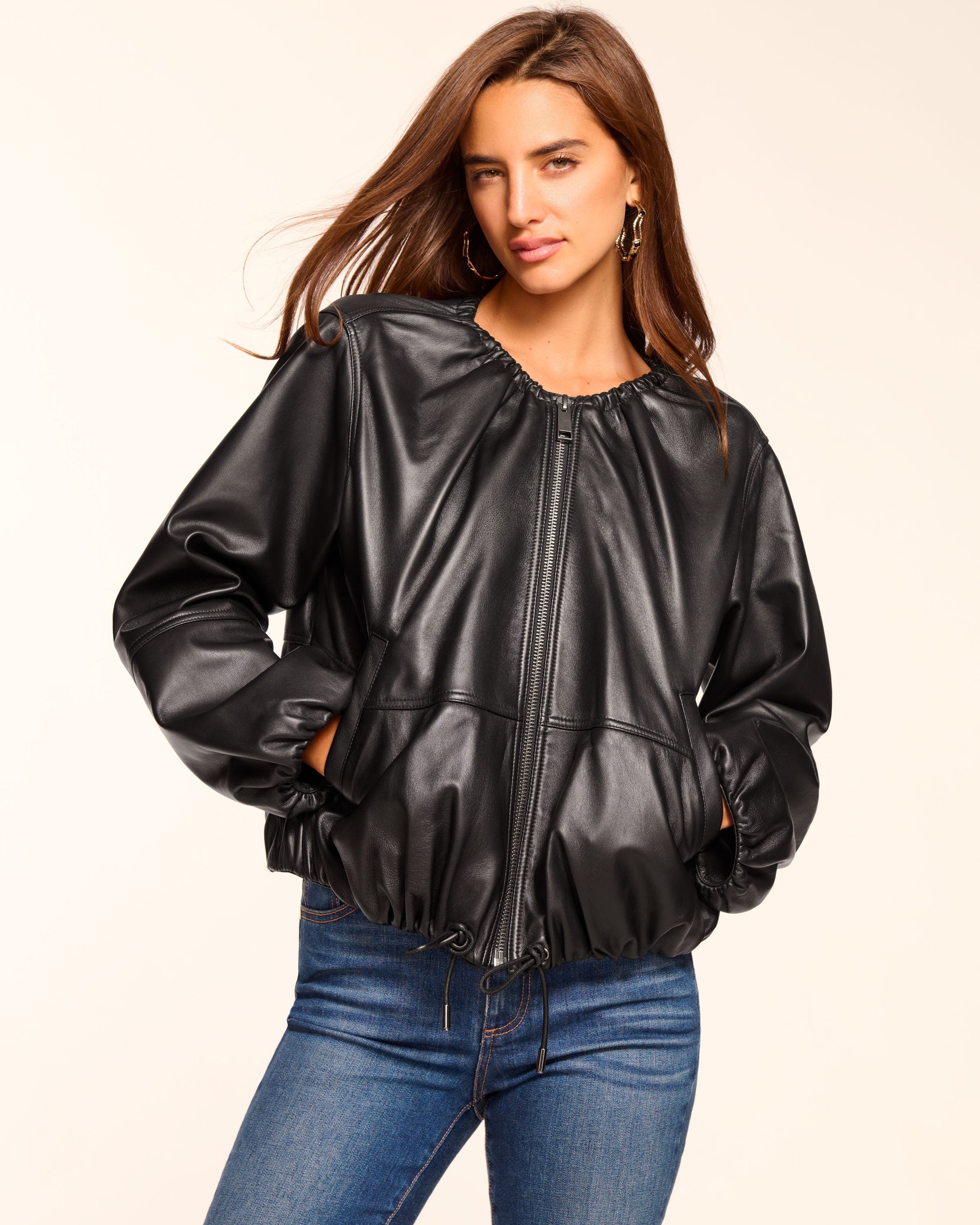 Priscilla Leather Bomber Jacket in black | Ramy Brook
