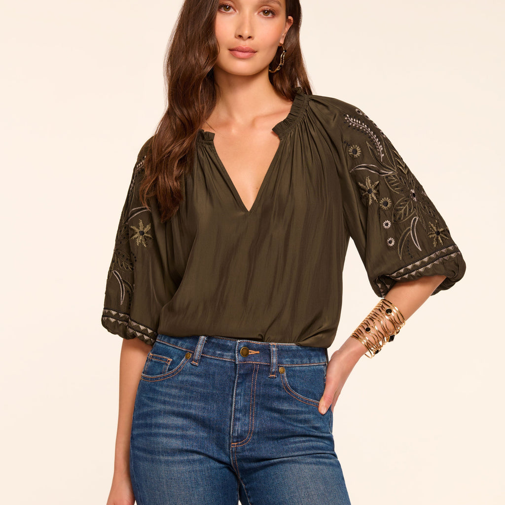 Karen Embellished V-Neck Blouse in deep olive Ramy Brook