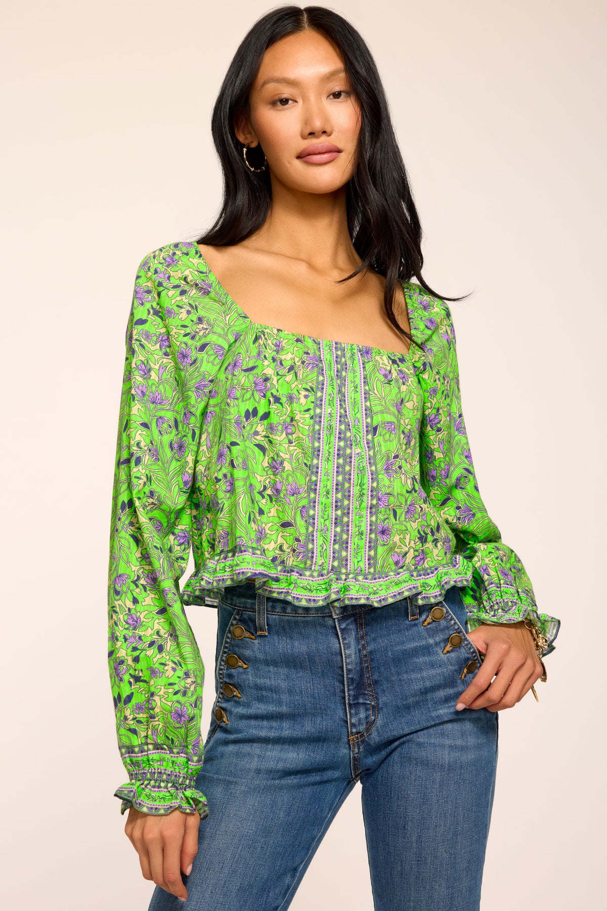 Farah Printed Cotton Long Sleeve Top view 1