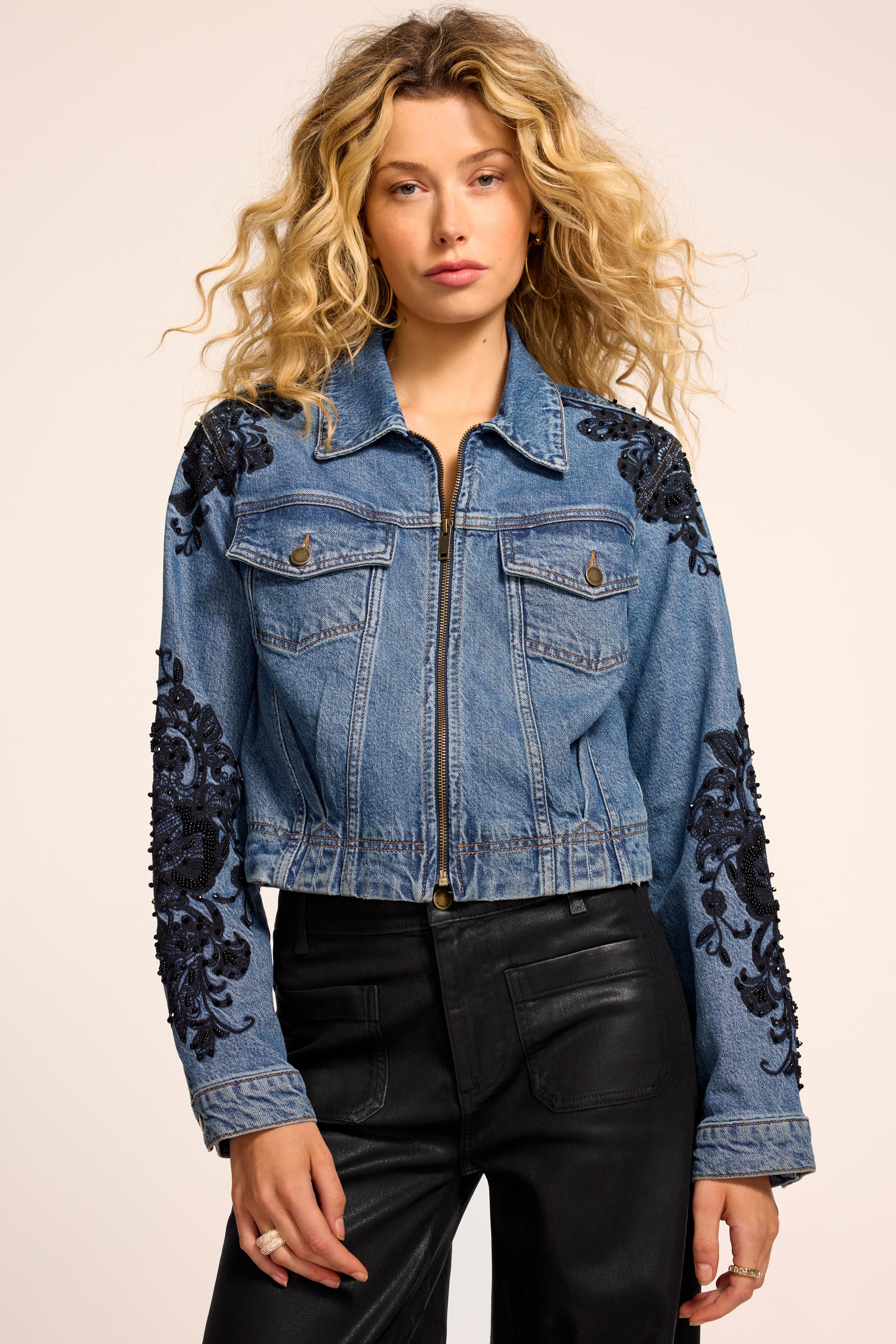 Jannah Beaded Denim Jacket in mid cerulean | Ramy Brook