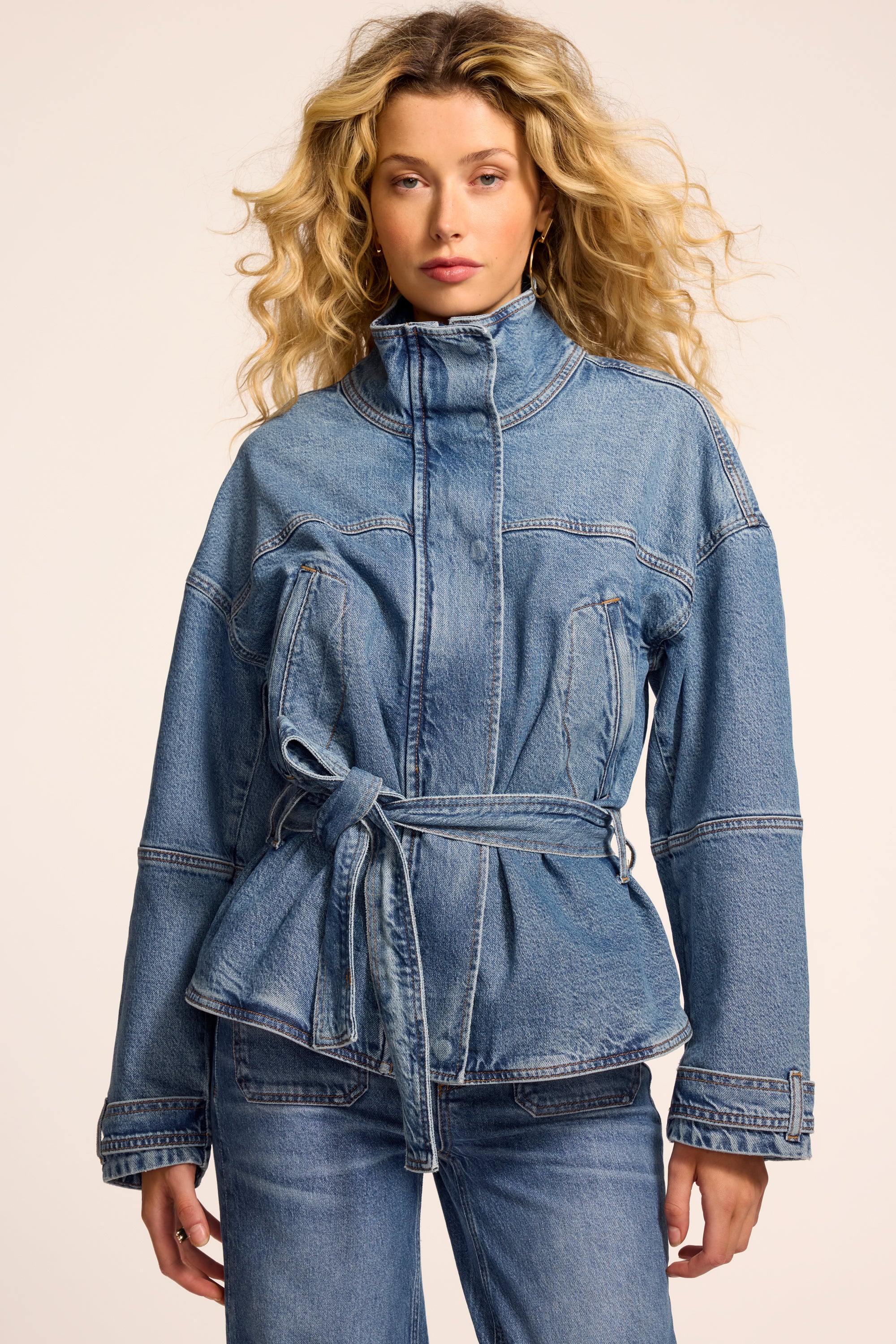 Robin Denim Funnel Neck Jacket in mid cerulean | Ramy Brook