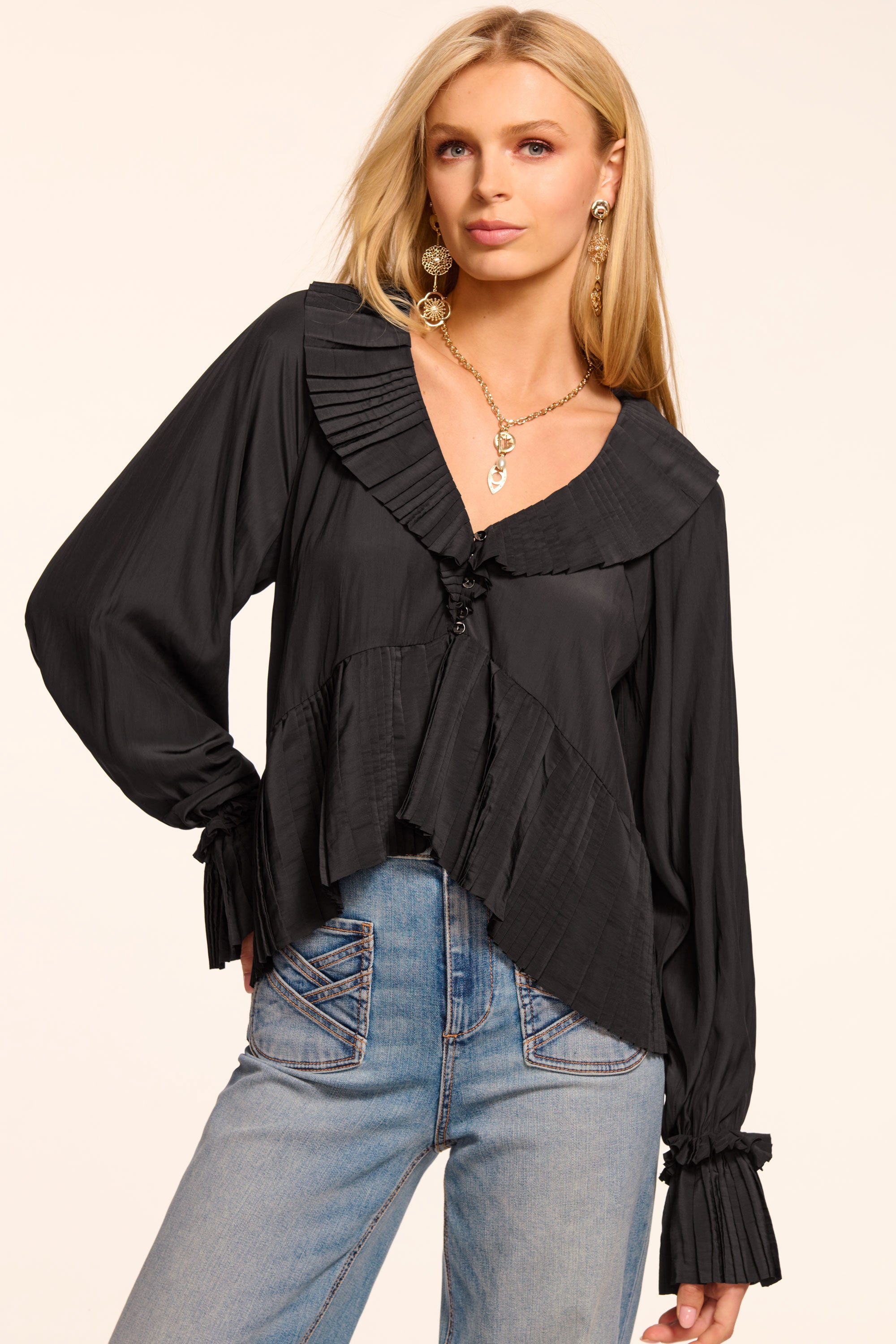 Jacklyn V-Neck Long Sleeve Blouse in black | Ramy Brook