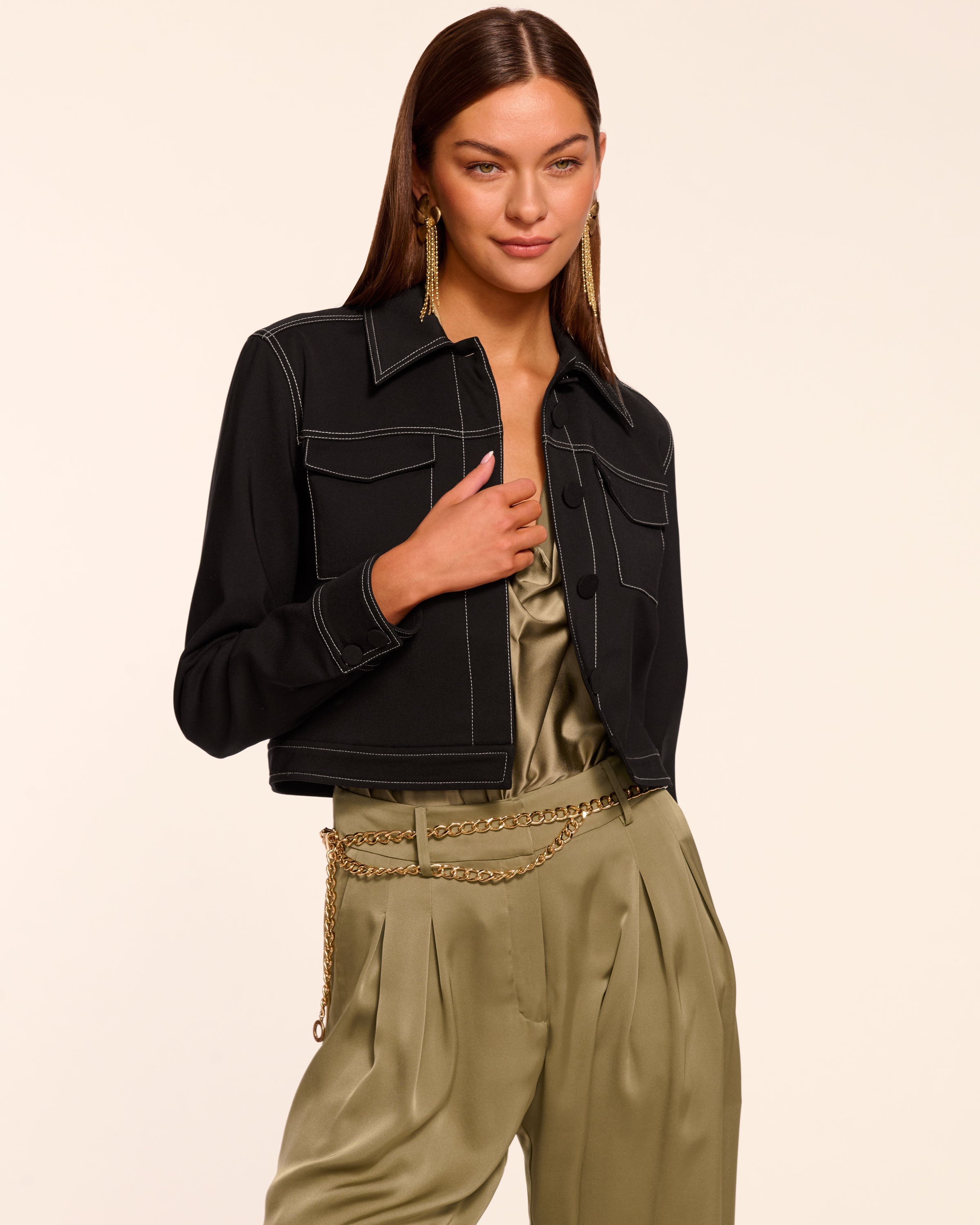Marrie Stitched Stretch Cotton Jacket in black | Ramy Brook