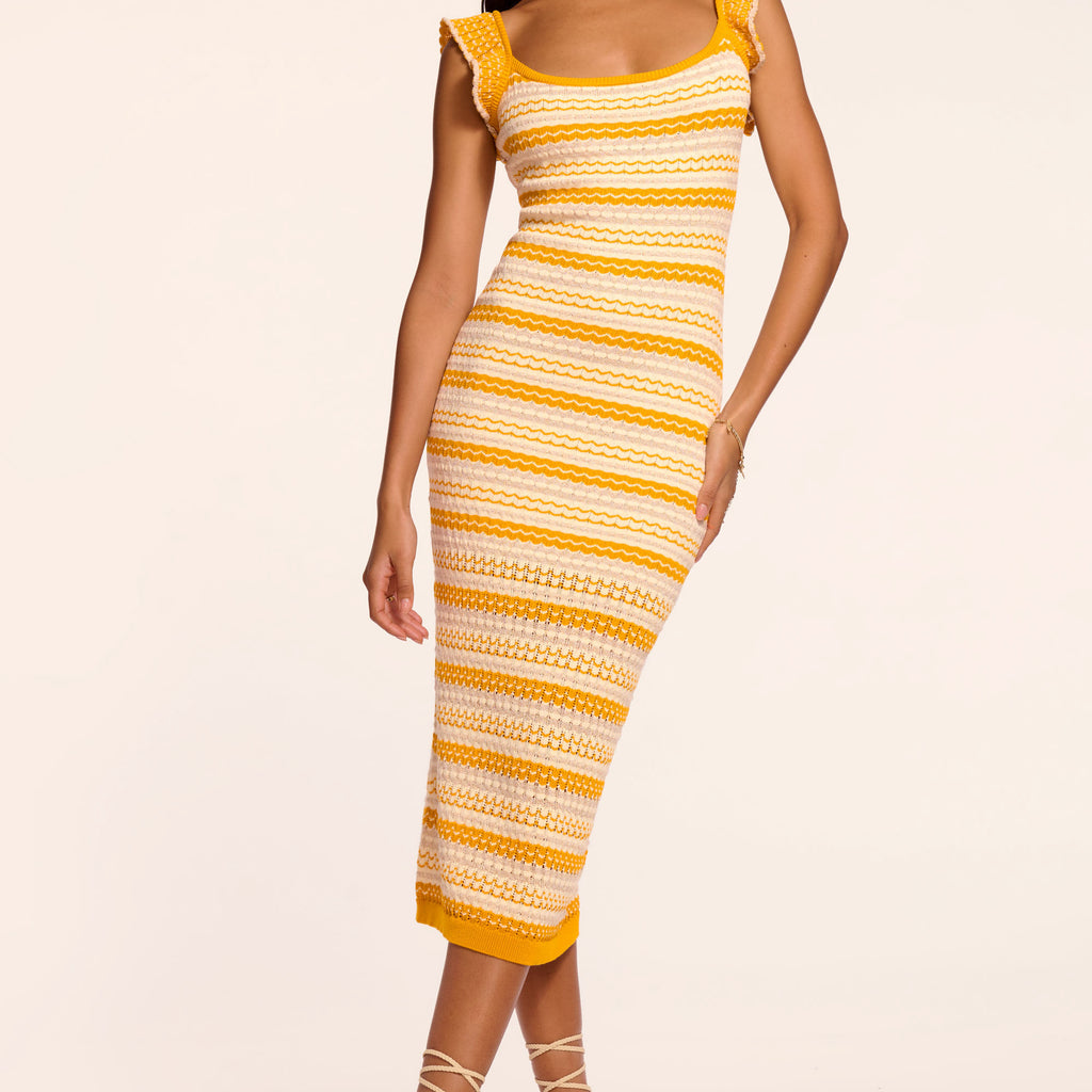 goldray honor knit midi dress Ramy Brook Kit Sleeveless in Marigold Stripe seam pockets.