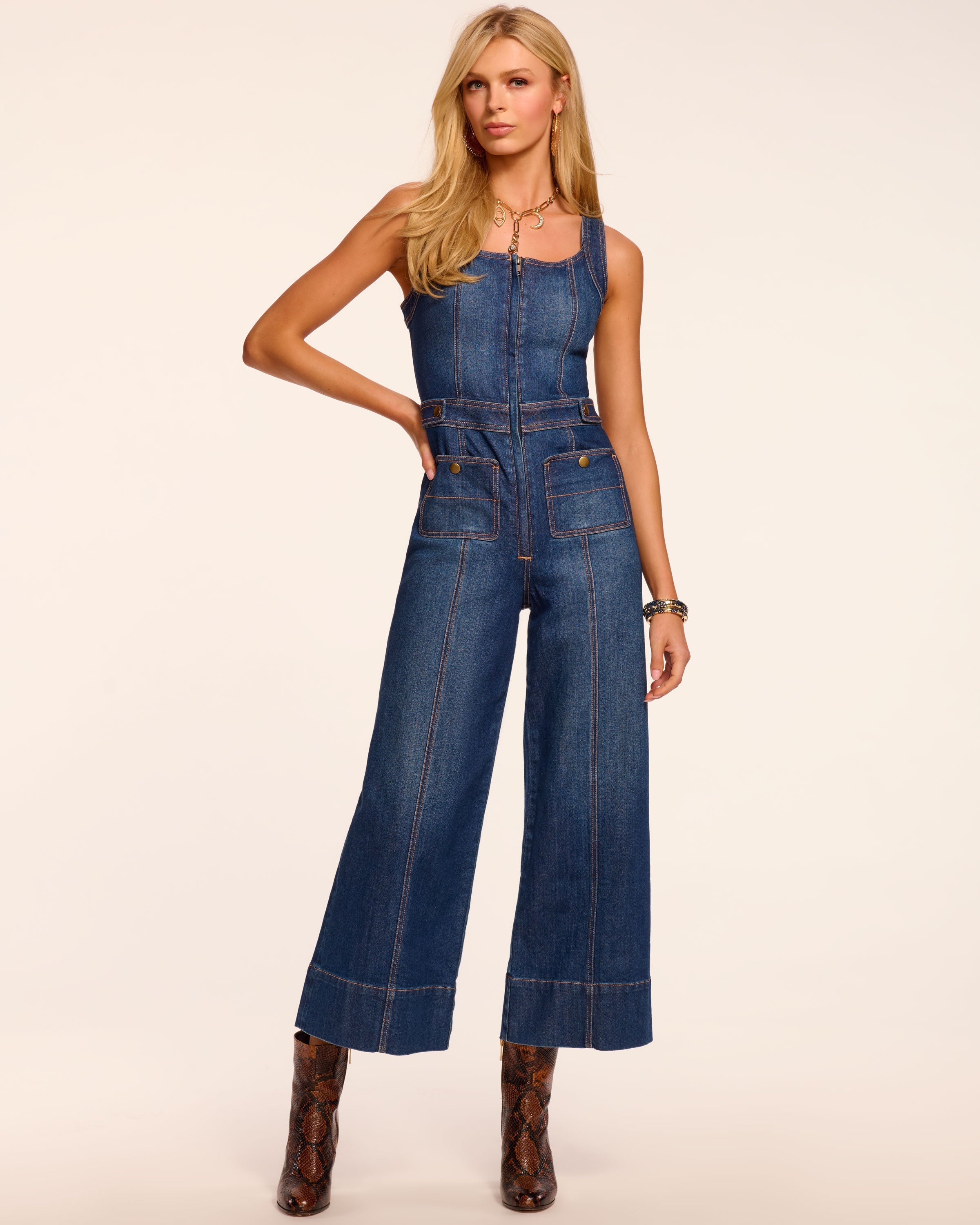 Janet Cropped Wide Leg Denim Jumpsuit in medium wash | Ramy Brook