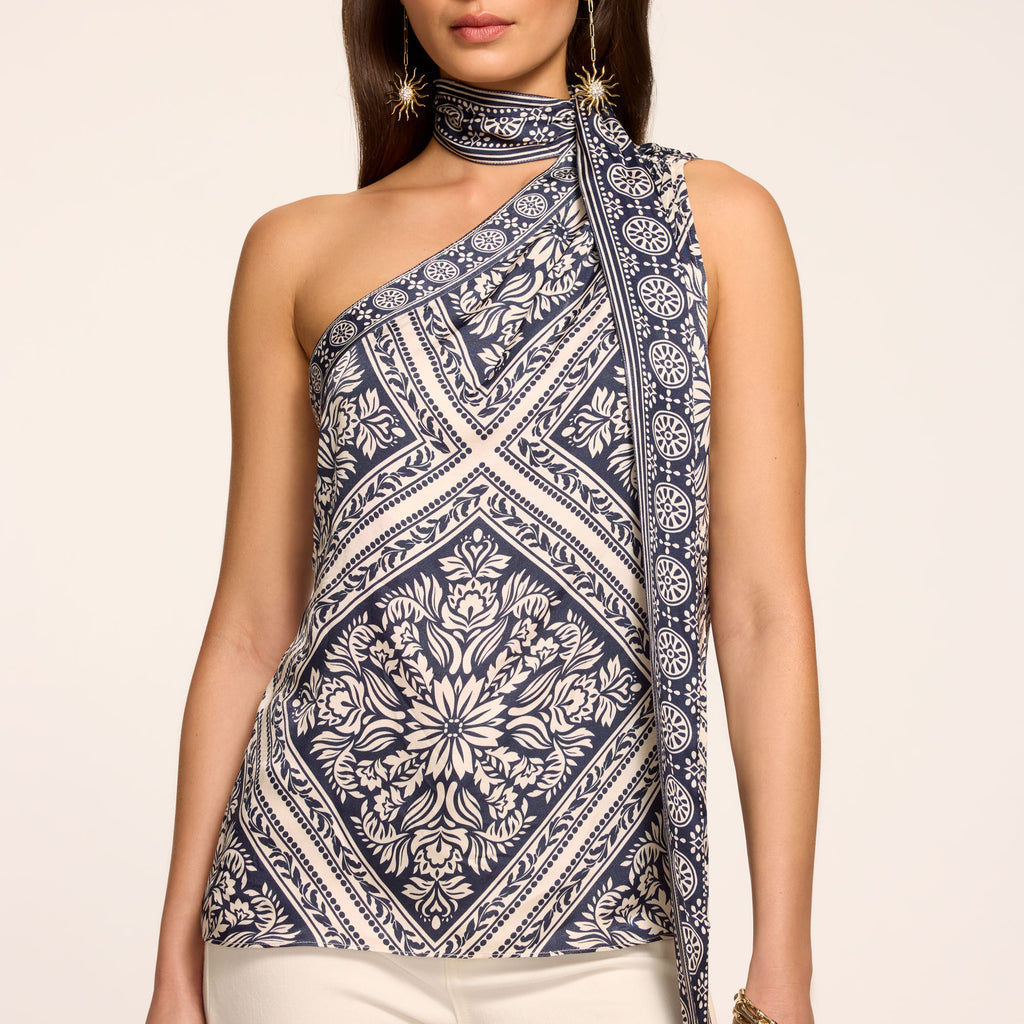 Lowell Printed One-Shoulder Top in capri navy | Ramy Brook
