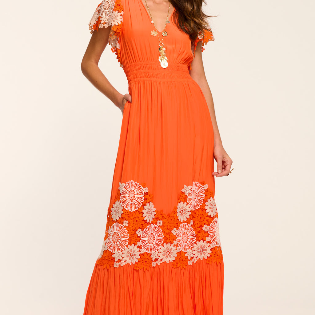orange creek embroidered dress Ramy Brook Georgie Embroidered Maxi Dress in Sunset Orange