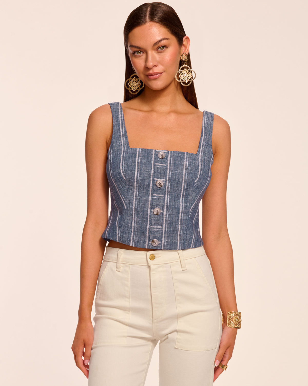 Olive Button Front Sleeveless Top view 1