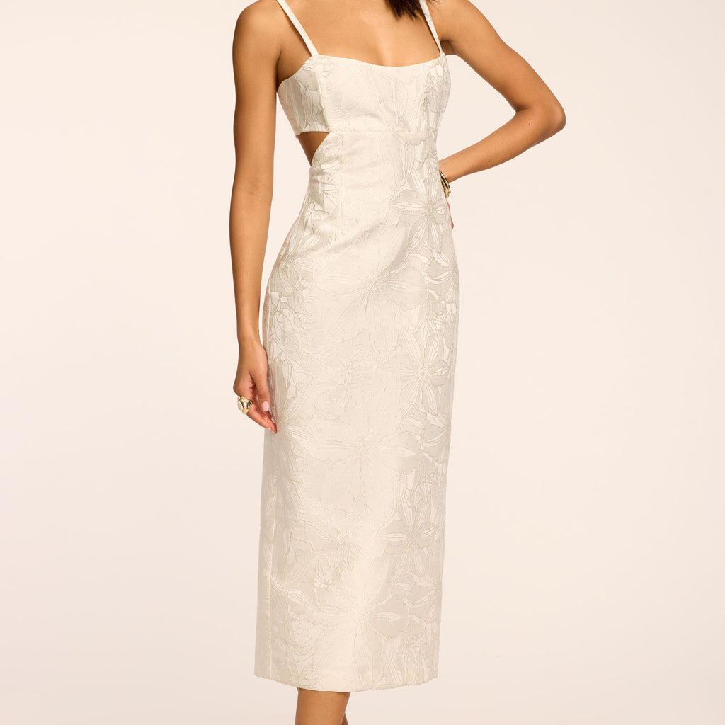 Ramy Brook Eira Jacquard Cutout Midi Dress in Ivory Jacquard