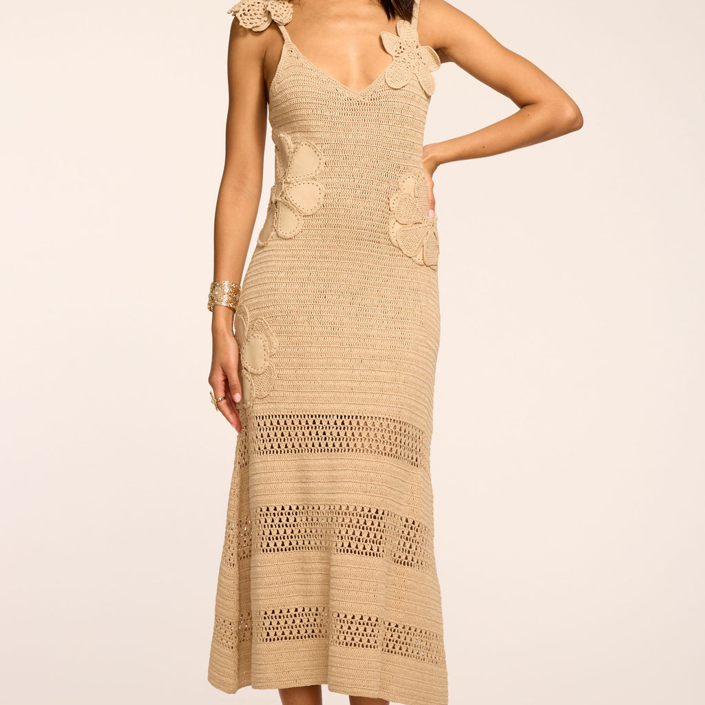 Ramy Brook Camille Crochet Knit Midi Dress in Sandstone