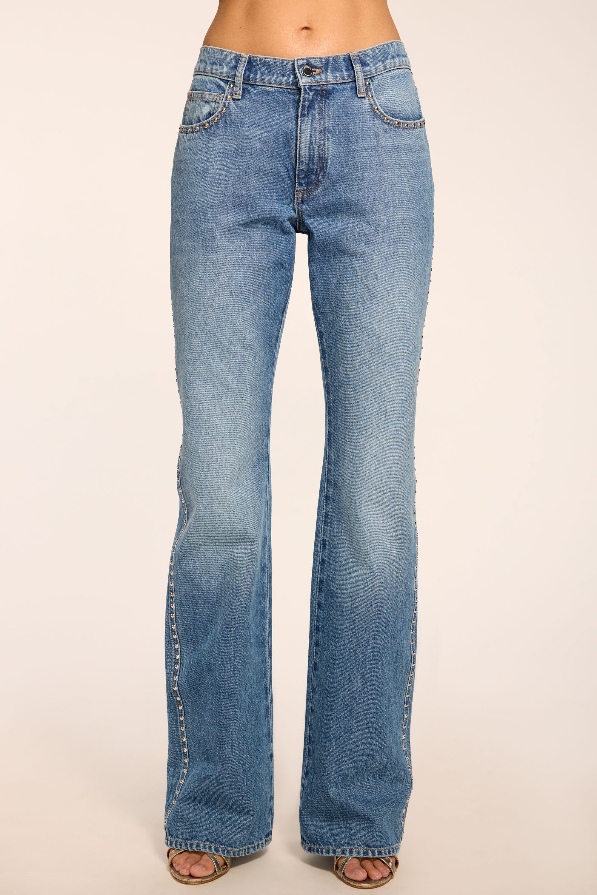 Carla Studded Low-Rise Boot Cut Jean in faded blue | Ramy Brook