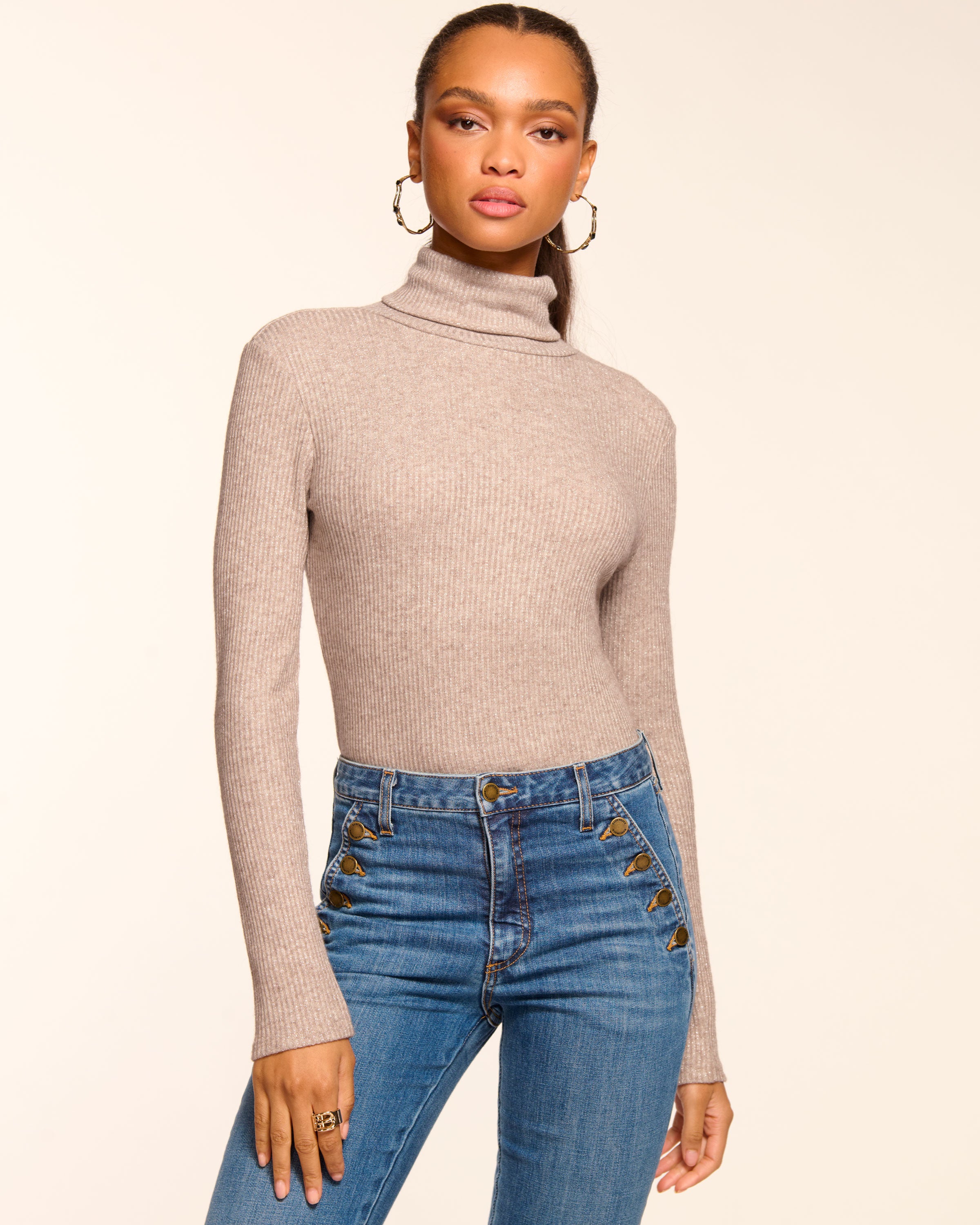 Meeghan Ribbed Knit Turtleneck Top in oatmeal | Ramy Brook