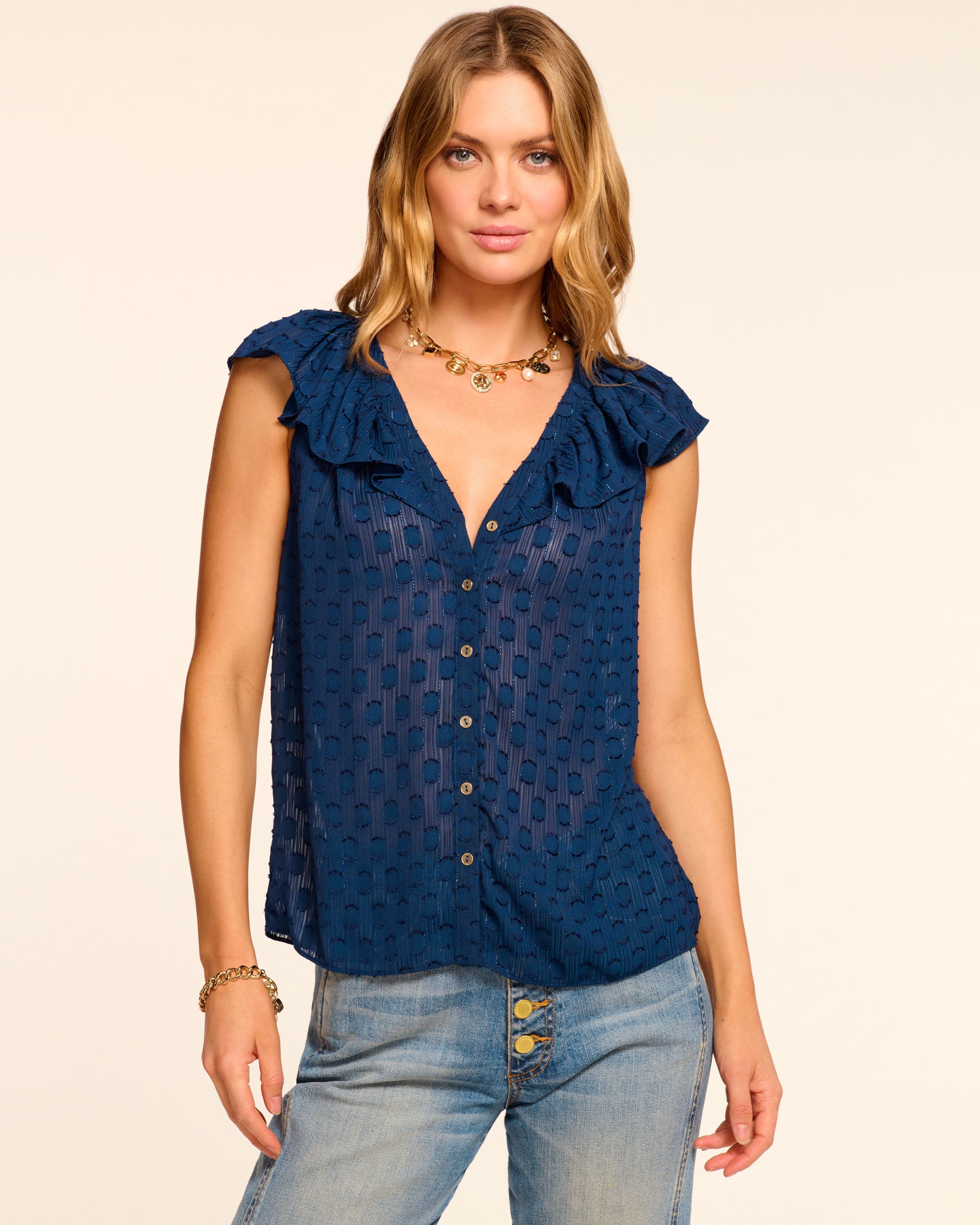 ジャーナルスタンダード（JOURNAL STANDARD）/【MIOSMOKEY】RUFFLE BLOUSE Silvia Chiffon Flutter Sleeve Blouse in navy dot | Ramy Brook