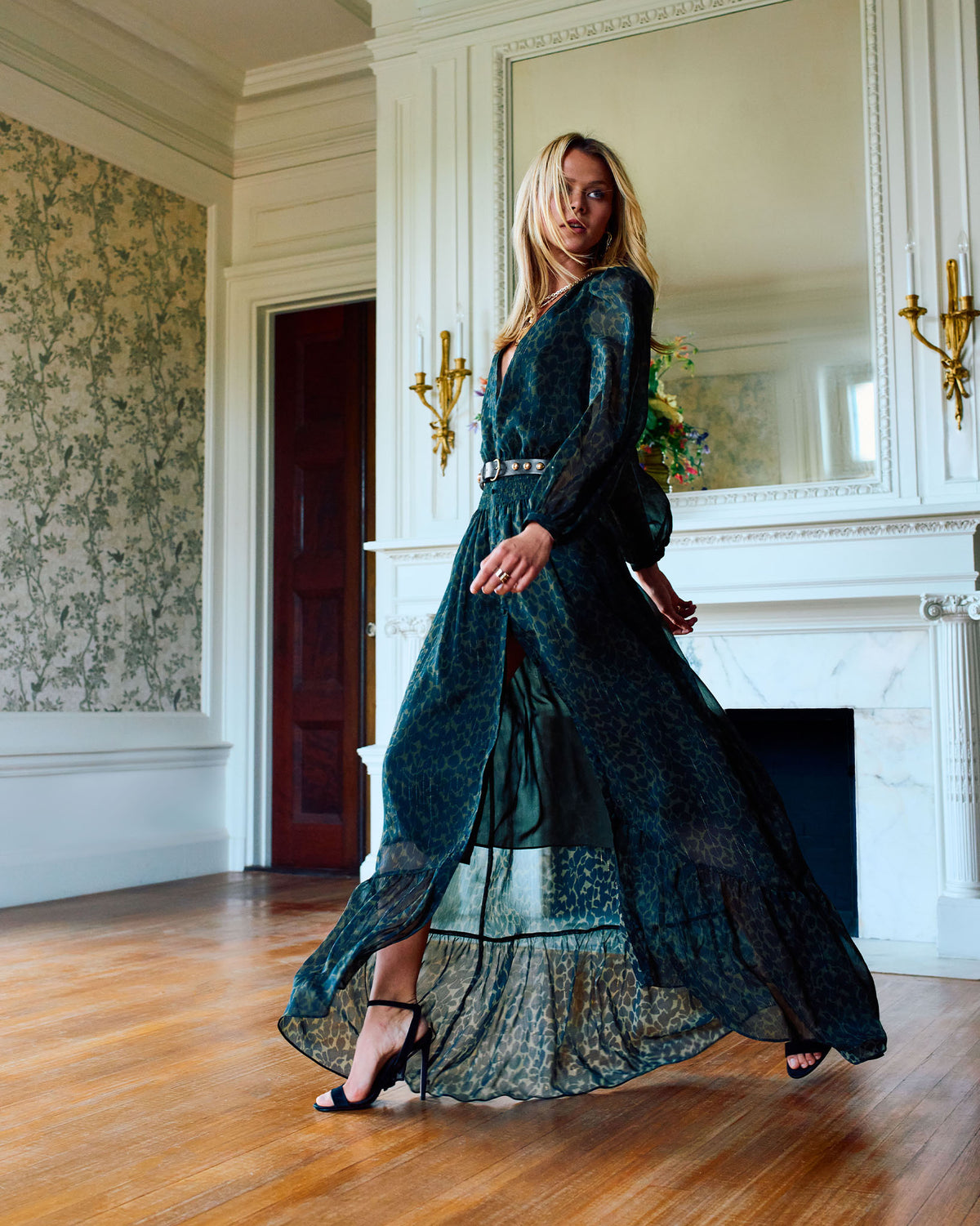 Teresa V-Neck Long Sleeve Maxi Dress in olive foliage | Ramy Brook