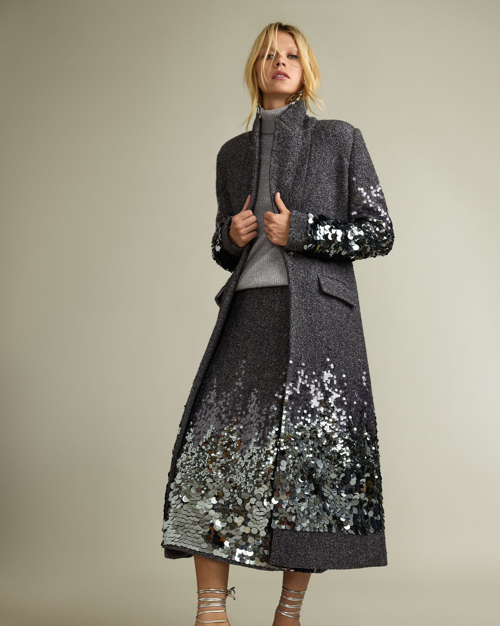 Paul Wool Blend Embellished Coat in grey shine | Ramy Brook