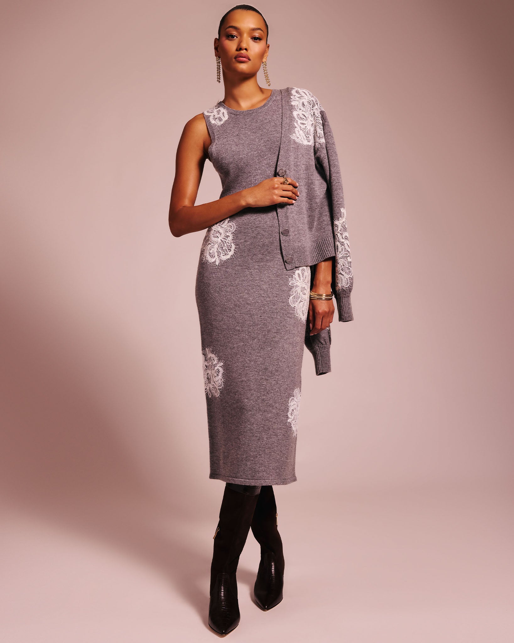 Luciana Wool Embellished Sweater Midi Dress in heather grey | Ramy