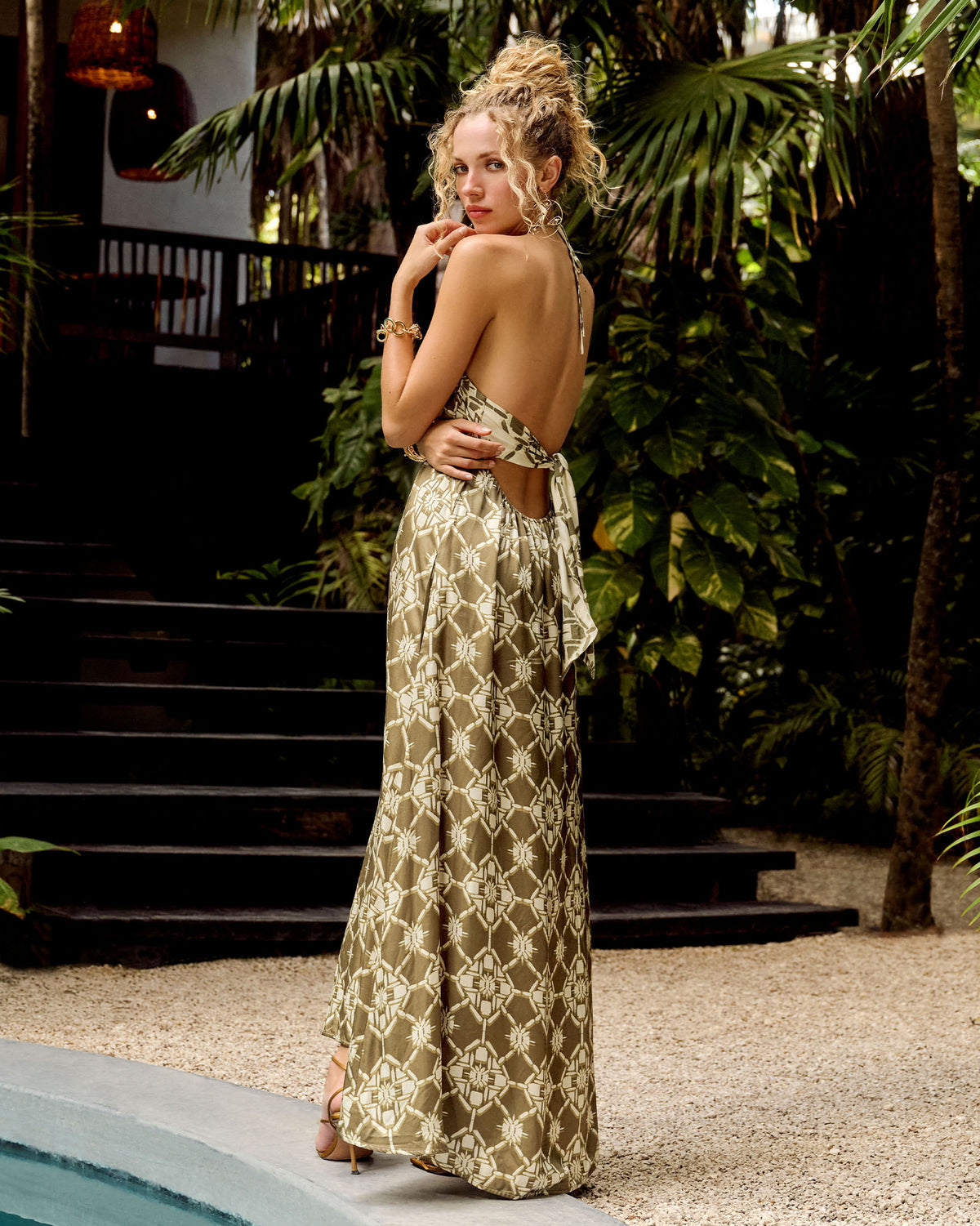 Lidia Backless Halter Maxi Dress in olive tile | Ramy Brook