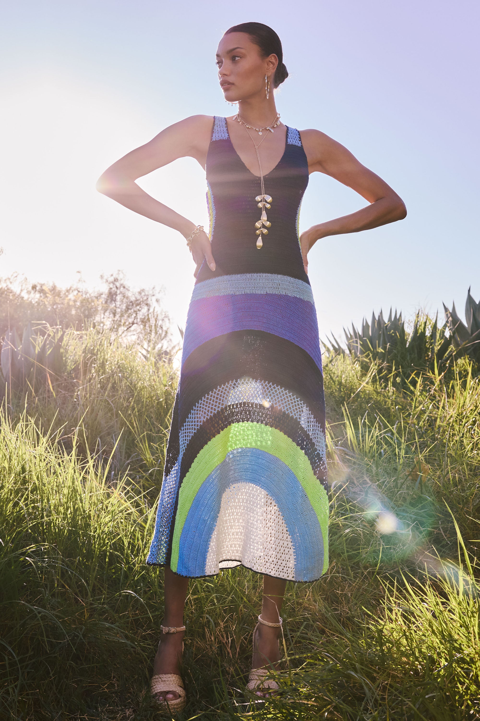 Cadence Crochet Colorblock Midi Dress in navy colorblock | Ramy Brook