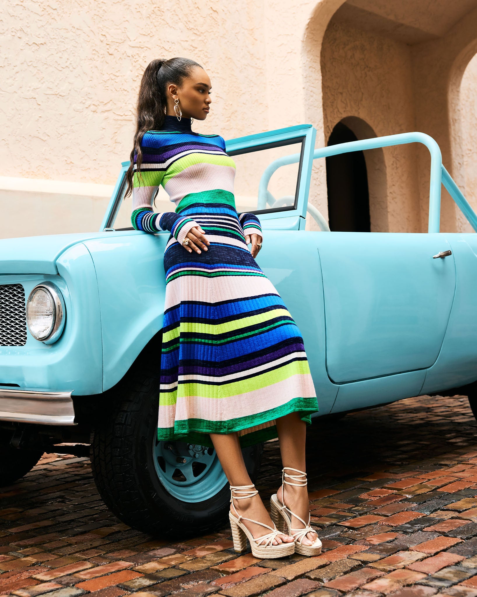 Monaco Merino Mock Neck Midi Dress in ultramarine stripe | Ramy Brook