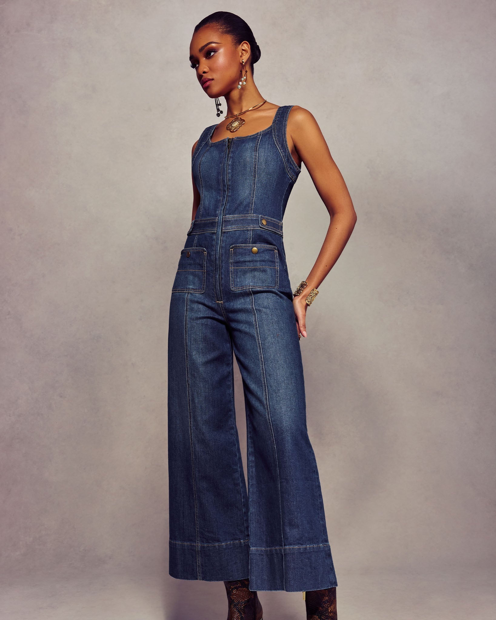 Janet Cropped Wide Leg Denim Jumpsuit in medium wash | Ramy Brook