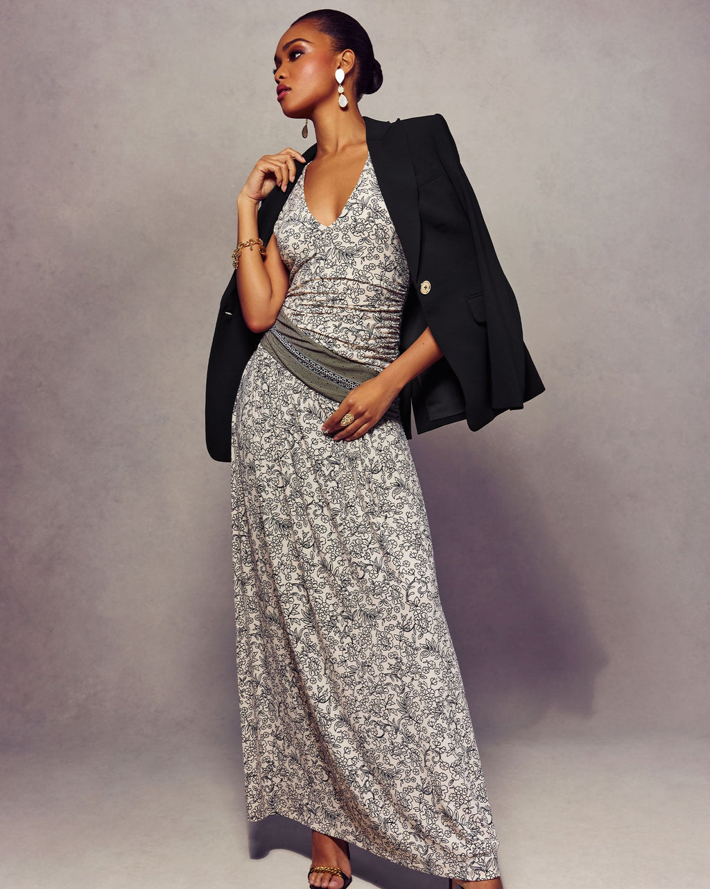 Ramy Brook Jamie Jersey Ruched V-neck Maxi Dress in Bone Floral - XS