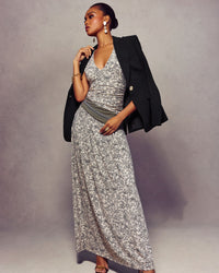 Ramy Brook Jamie Jersey Ruched V-neck Maxi Dress in Bone Floral