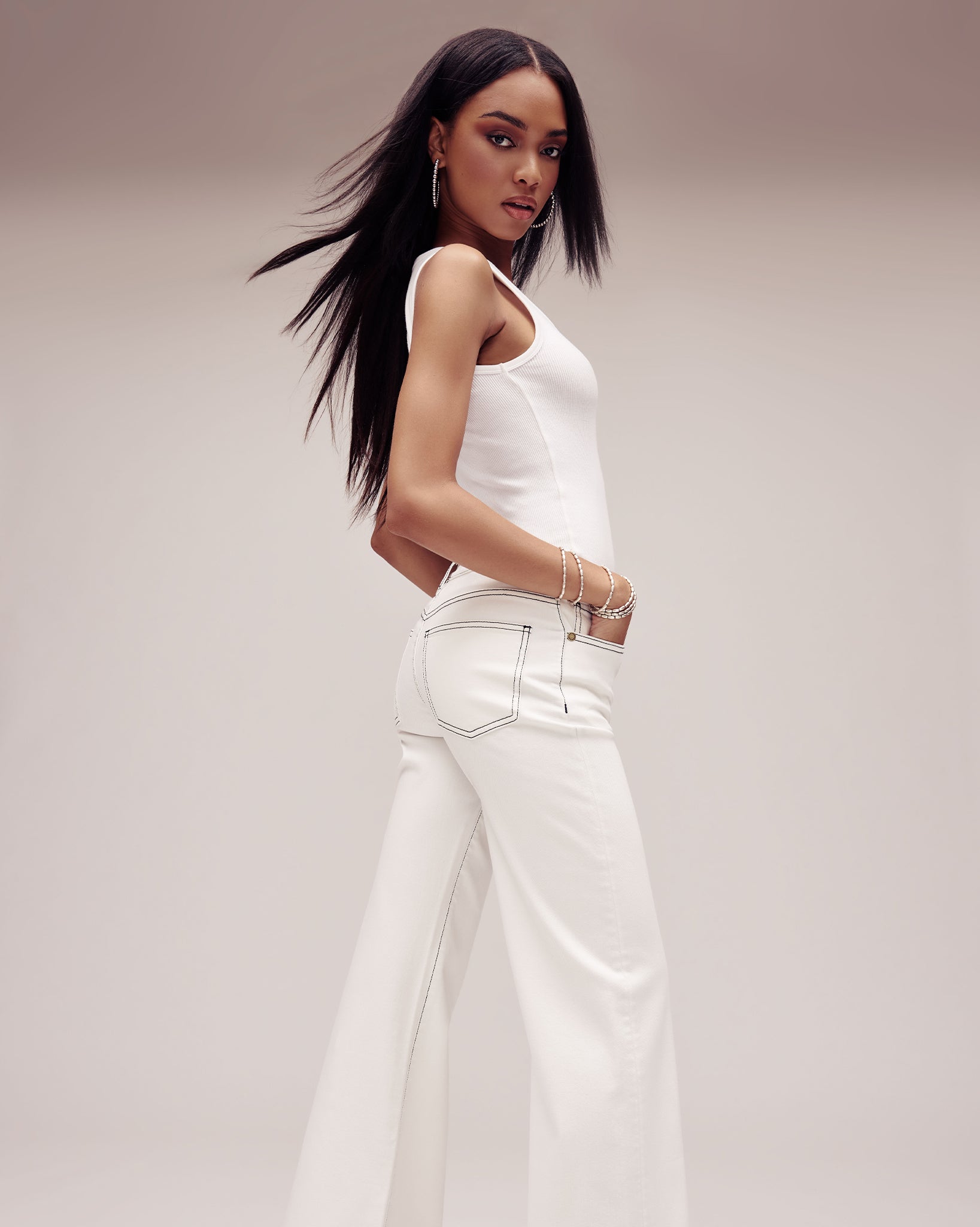 Tyra Contrast Mid-Rise Flare Jean in white stitched | Ramy Brook