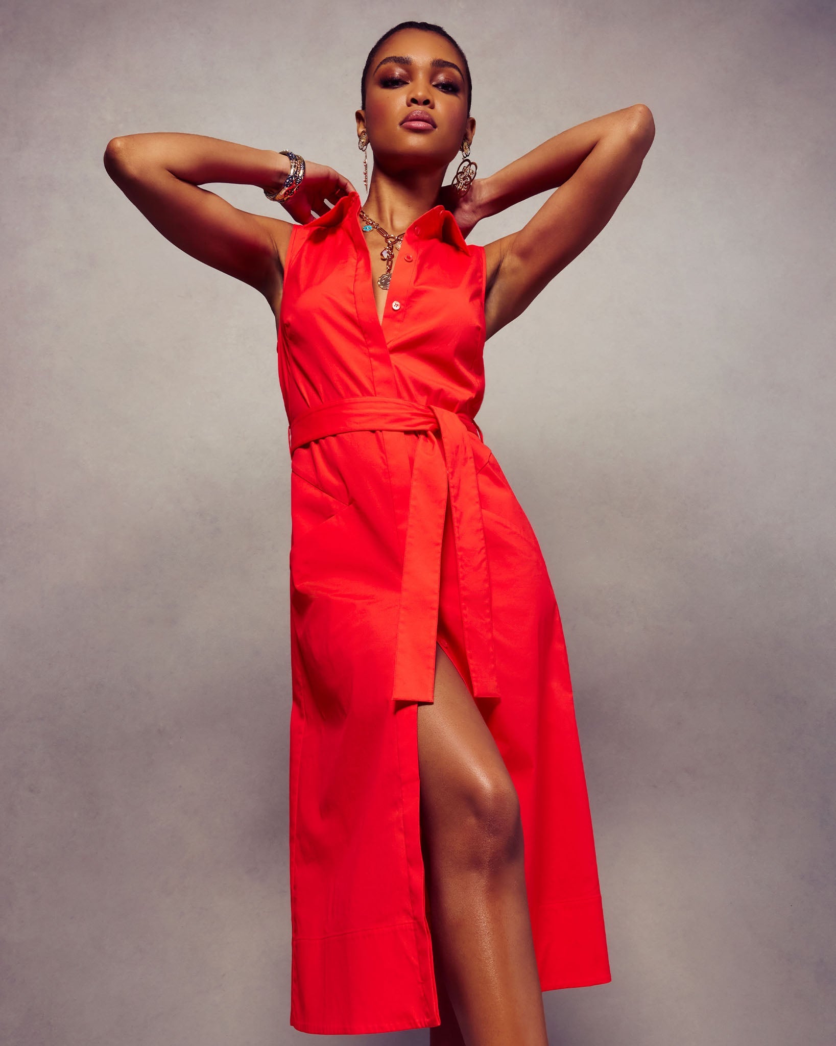 Darcey Cotton Poplin Sleeveless Midi Dress in crimson