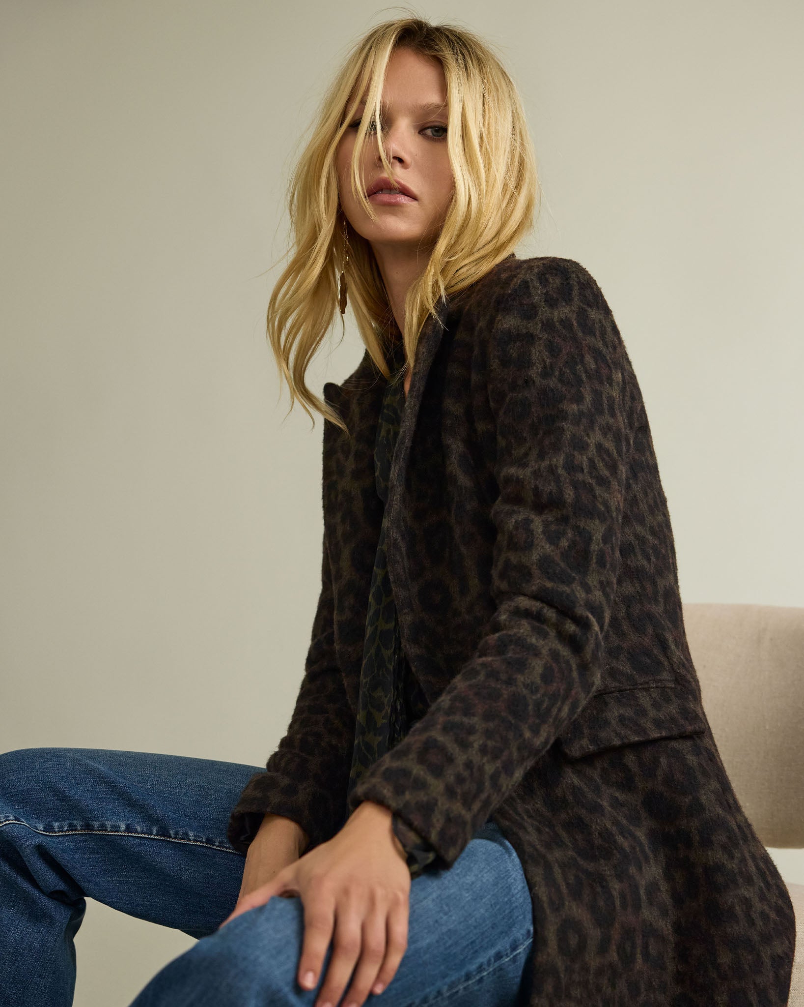 Julia Printed Wool Blend Coat in olive animal | Ramy Brook