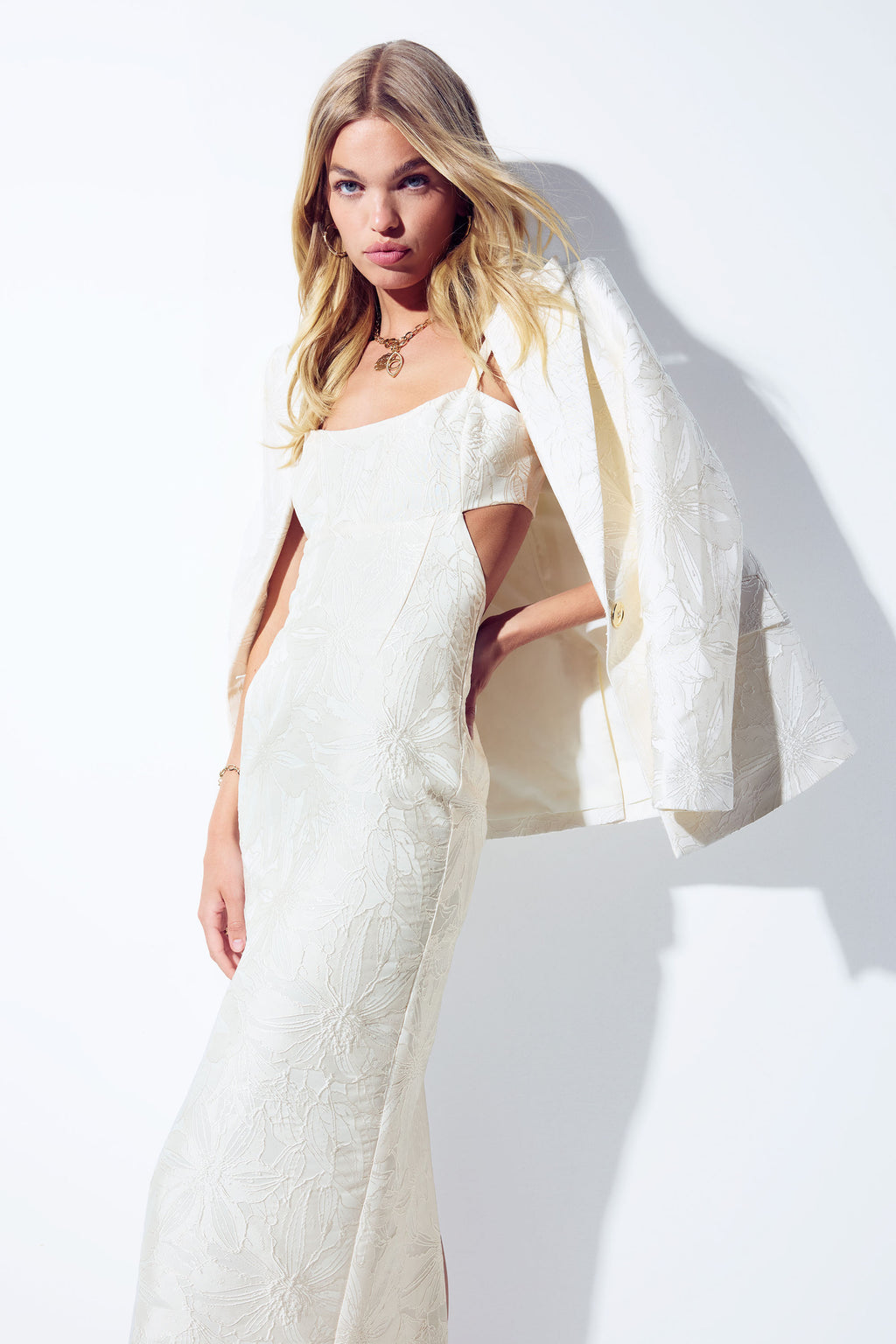 Eira Jacquard Cutout Midi Dress in ivory jacquard