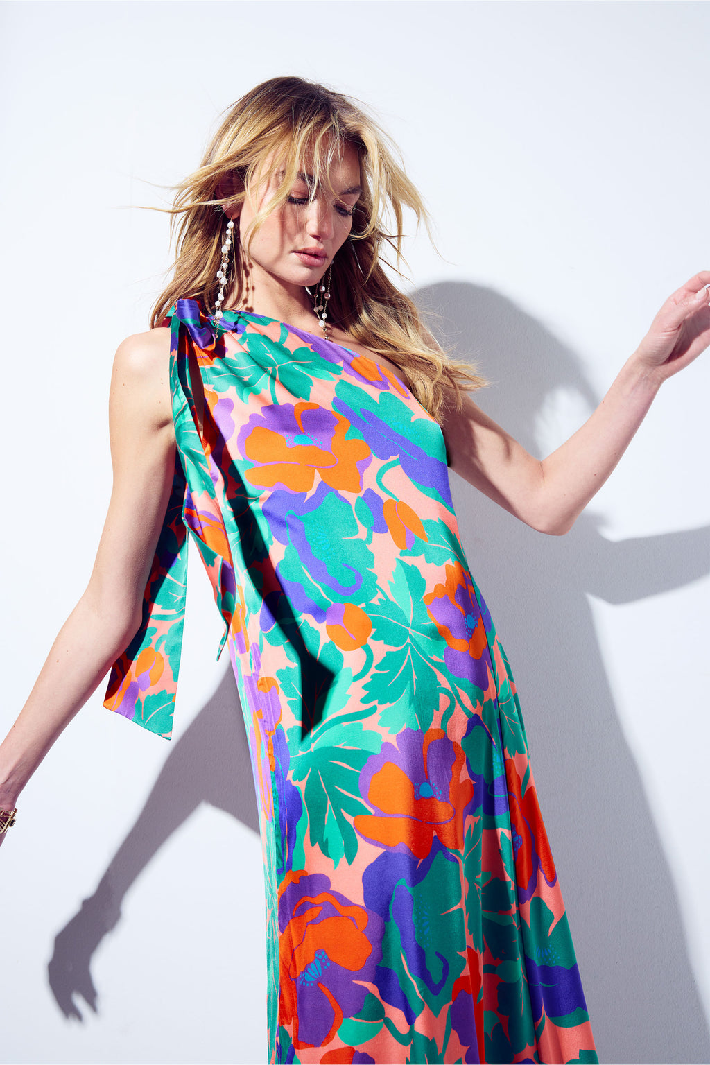 editorial cover floral maxi dress Benita Printed One-Shoulder Gown in coral floral